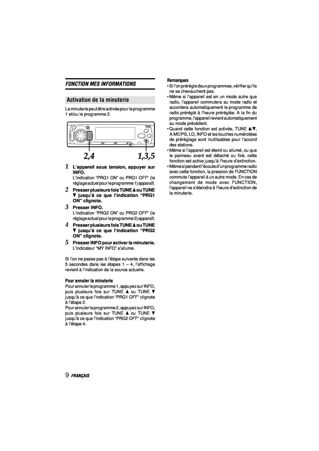 Aiwa CDC-MP3 manual Activation de la minuterie, Fonction Mes Informations, Français 