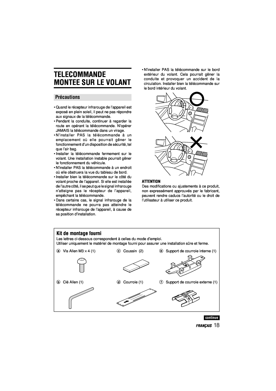 Aiwa CDC-MP3 manual Telecommande Montee Sur Le Volant, Précautions, Kit de montage fourni, continue, Français 