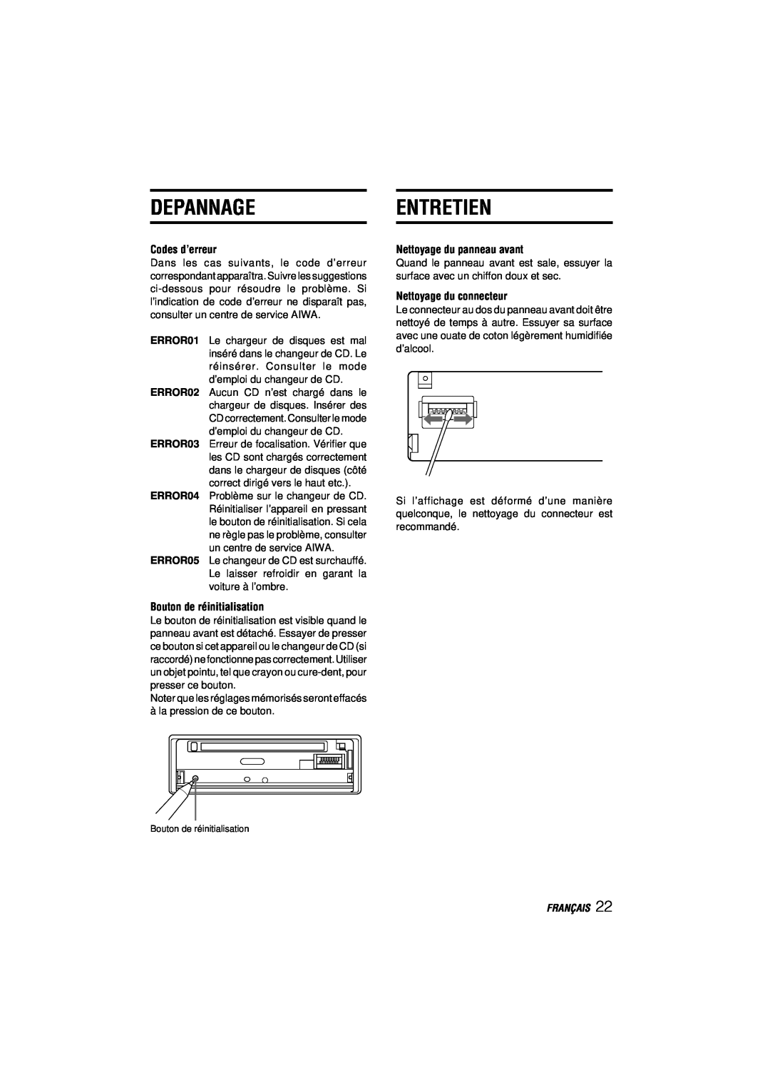 Aiwa CDC-MP3 manual Depannageentretien, Codes d’erreur, Bouton de réinitialisation, Nettoyage du panneau avant, Français 