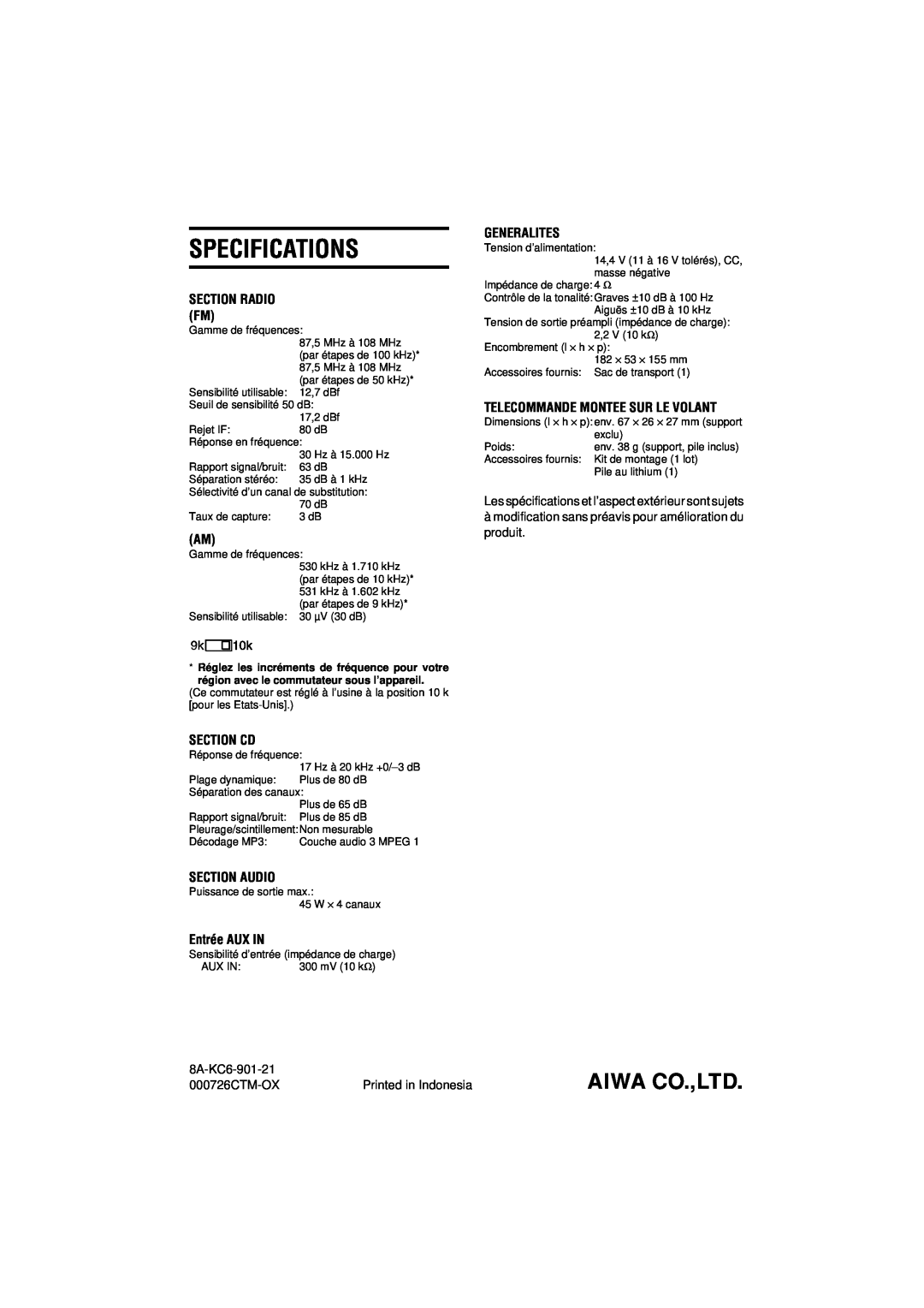 Aiwa CDC-MP3 manual Specifications, Section Radio Fm, Section Cd, Telecommande Montee Sur Le Volant, Entrée AUX IN 