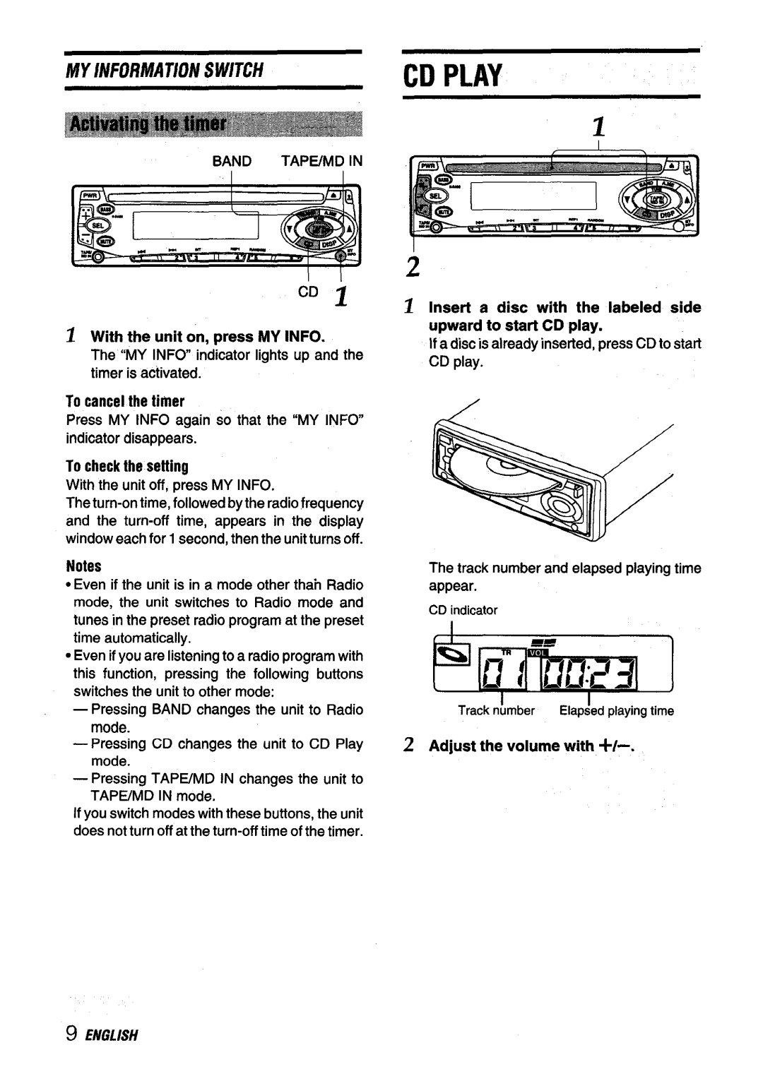 Aiwa CDC-X116 manual CD Play, ~ With the unit on, press MY Info, To cancel the timer, To check the setting 