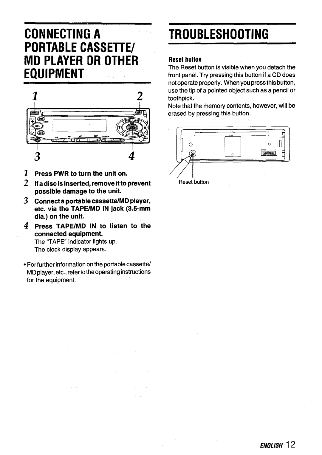 Aiwa CDC-X116 manual Connecting a Portable Cassette MD Player or Other Equipment, Troubleshooting, Reset button 