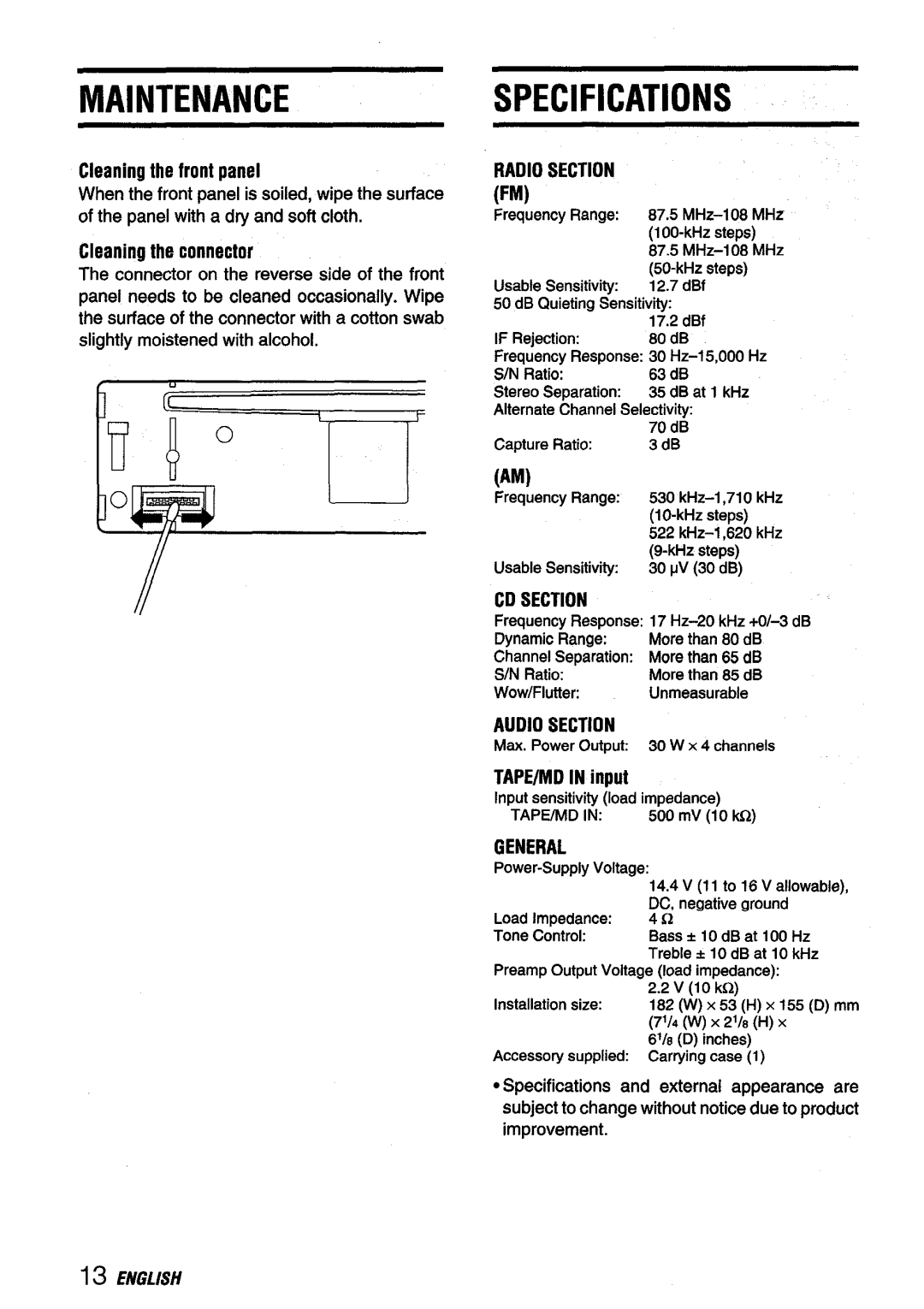 Aiwa CDC-X116 manual Maintenancespecifications, Cleaning the front panel, Cleaning the connector, TAPE/MD in input 