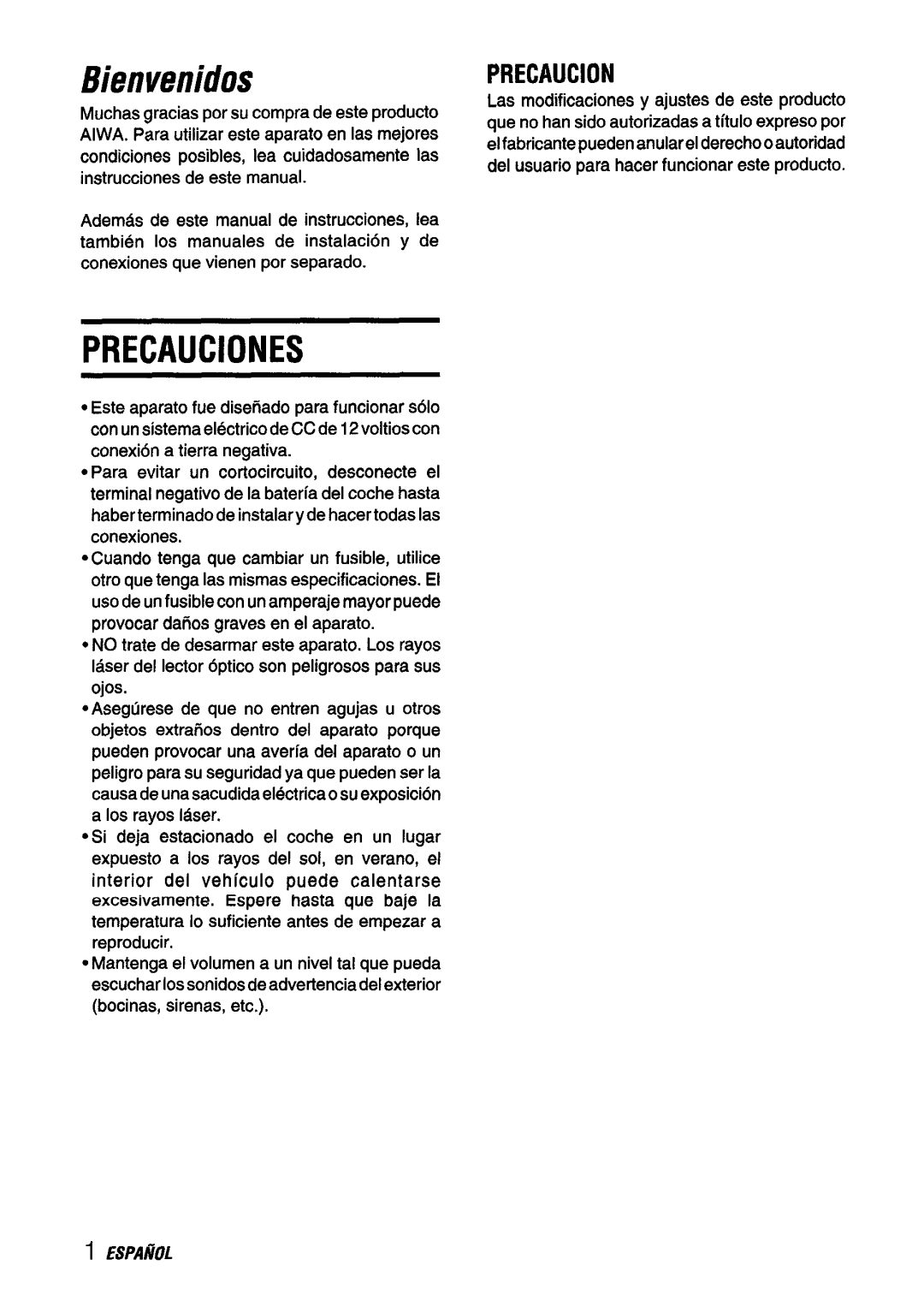 Aiwa CDC-X116 manual Bienvenidos, Precauciones 