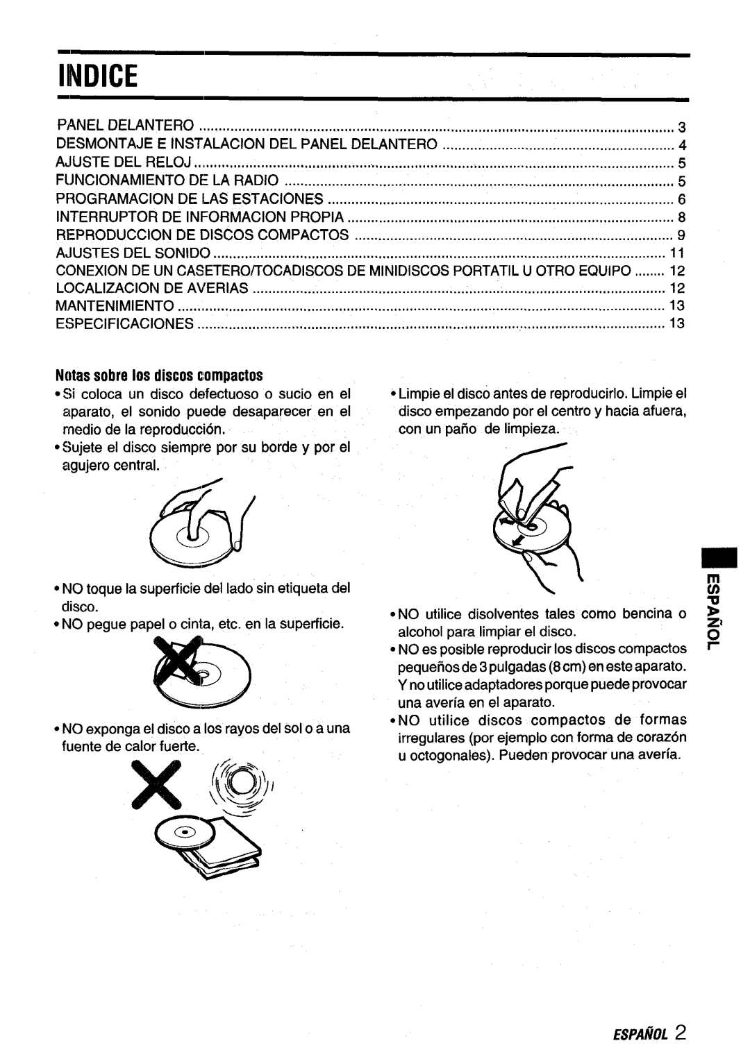 Aiwa CDC-X116 manual Indice, Notas sobre Ios discos compactos 