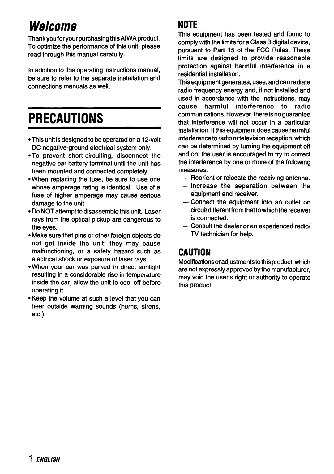 Aiwa CDC-X116 manual Welcome, Precautions 