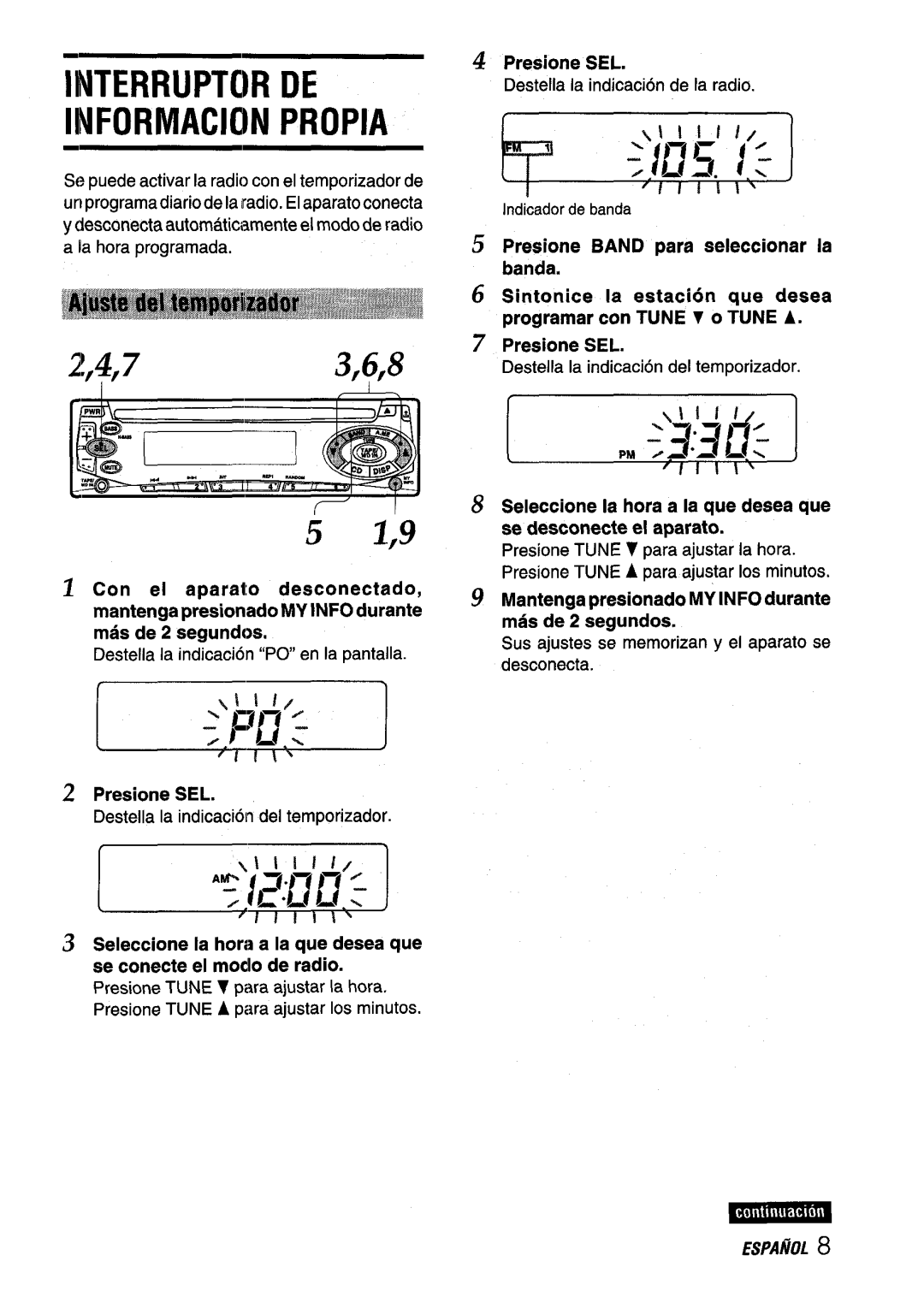 Aiwa CDC-X116 manual Interruptor DE Iinformacion Propia, Presione SEL Destellala indicationdel temporizador 