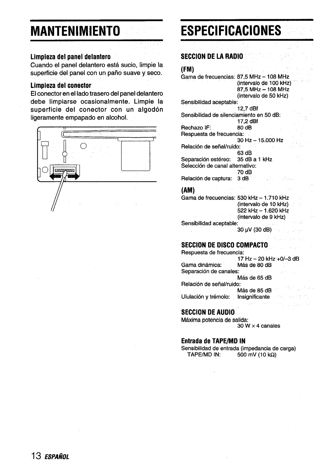 Aiwa CDC-X116 Mantenimientoespecificaciones, Limpiezadel panel delantero, Limpiezadel conector, Maximapotenciadesalida 