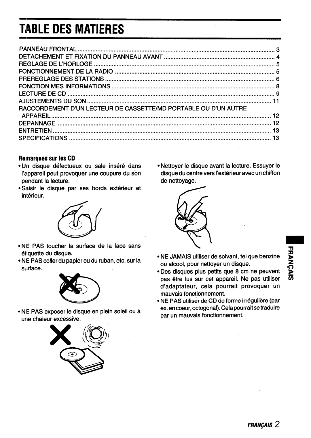 Aiwa CDC-X116 manual Table DES Niiatieres, Remarquessur Ies CD 