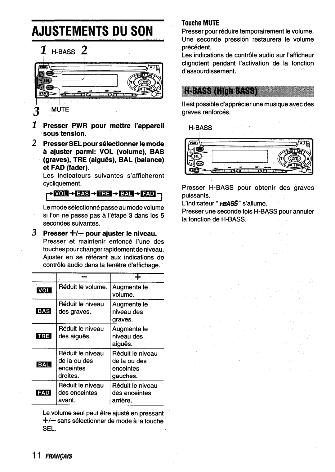 Aiwa CDC-X116 manual Ajustements DU SON, Reduit Ie niveau Augmente Ma des aigues 