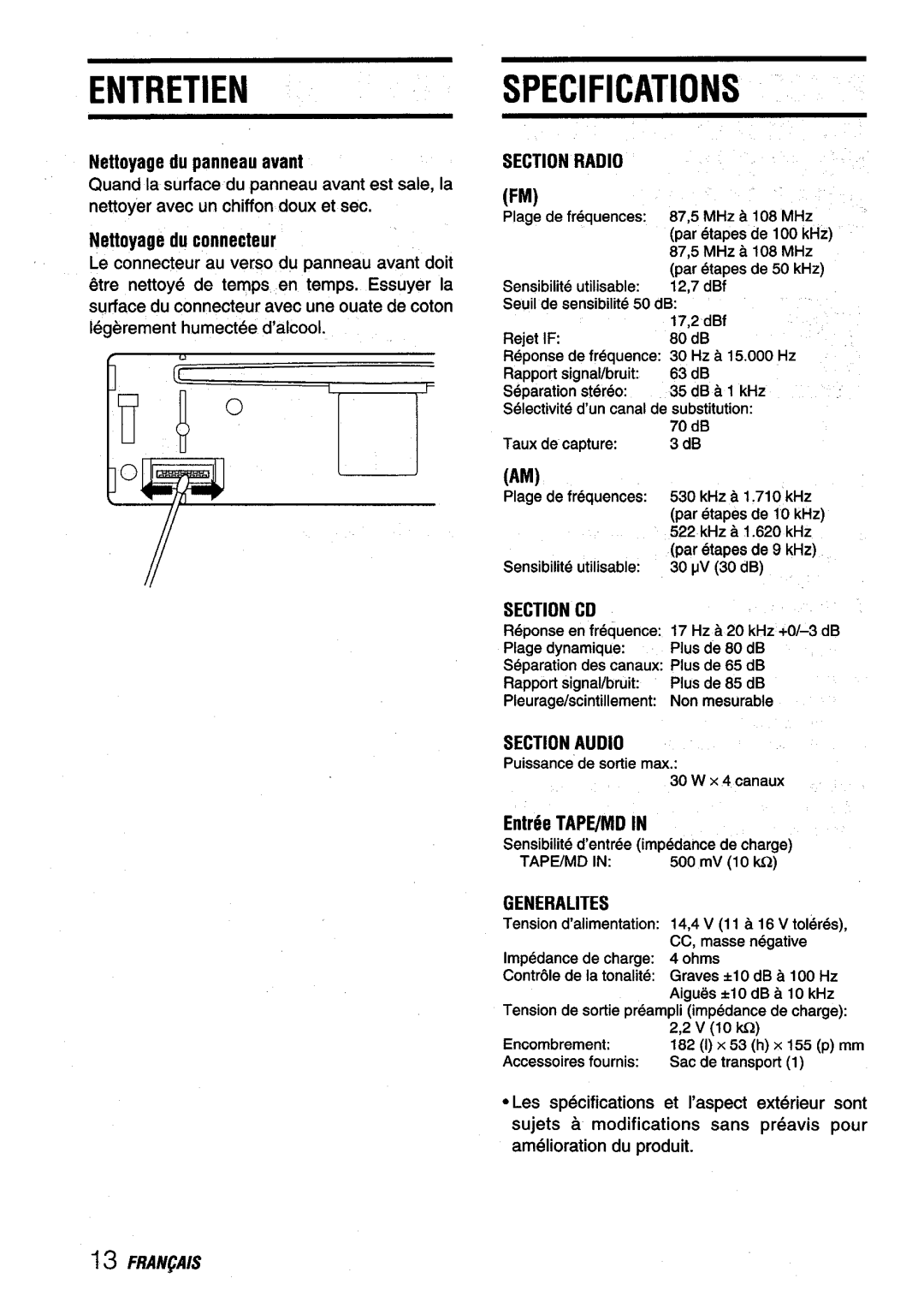 Aiwa CDC-X116 manual Entretienspecifications, Nettoyage du panneau avant, Nettoyage du connecter, Entr6e TAPE/MD 