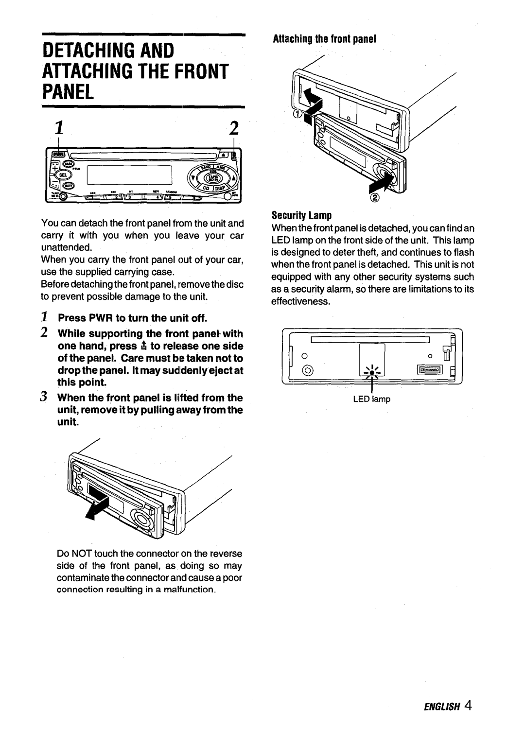 Aiwa CDC-X116 manual Detaching Attaching the Front Panel, Attaching the front panel Security Lamp 