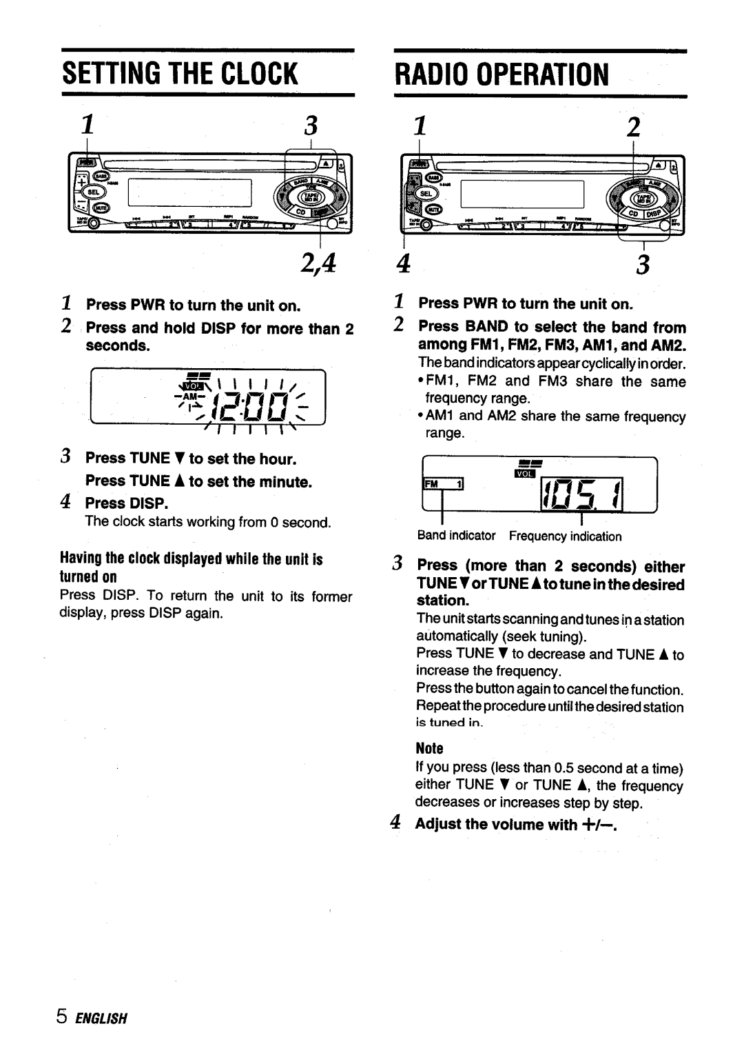 Aiwa CDC-X116 manual Setting the Clock, Radio Operation, Having the clock displayed while the unit is Turned on 