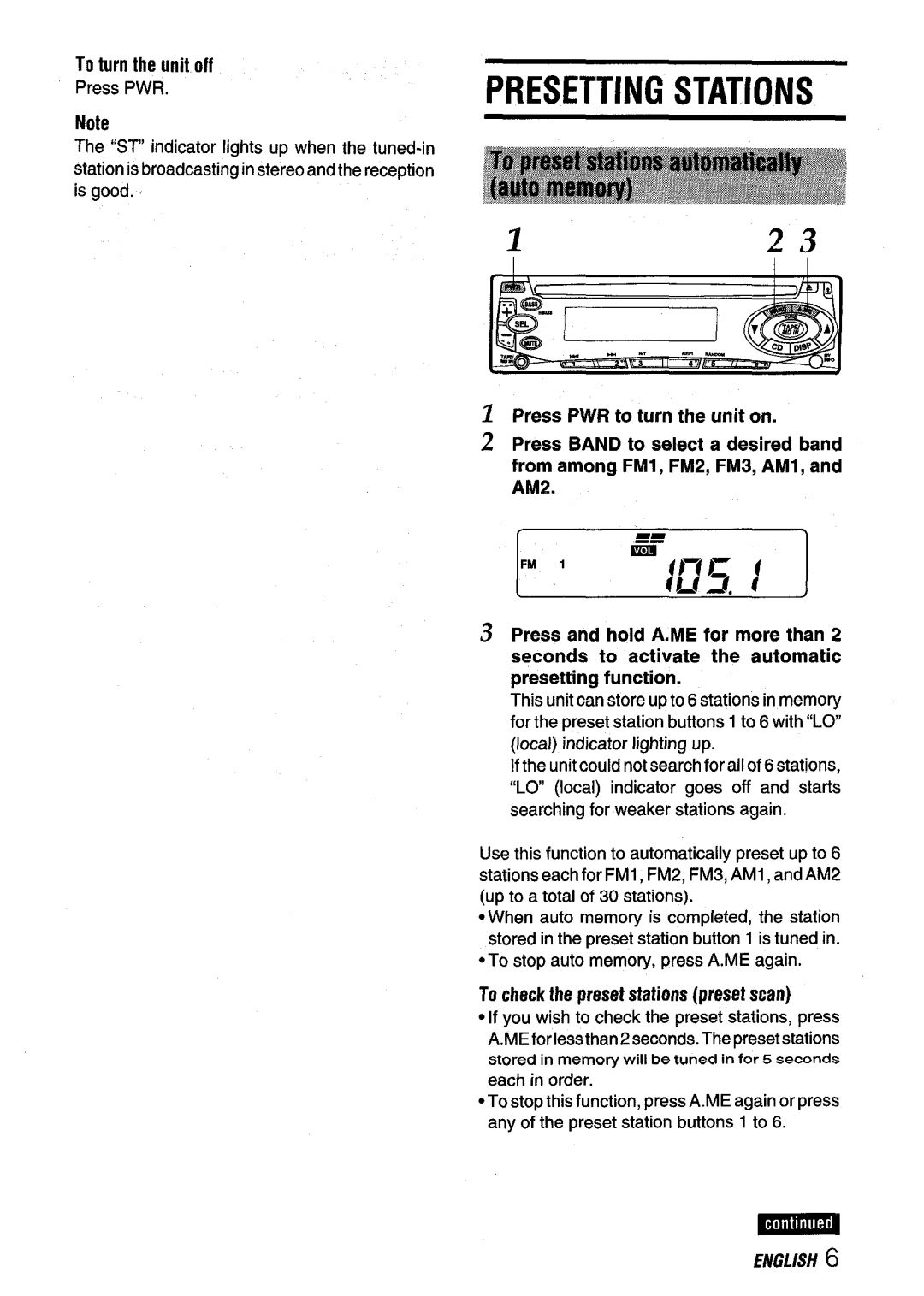 Aiwa CDC-X116 manual Presetting Stations, To turn the unit off, To checkthe presetstationspresetscan 