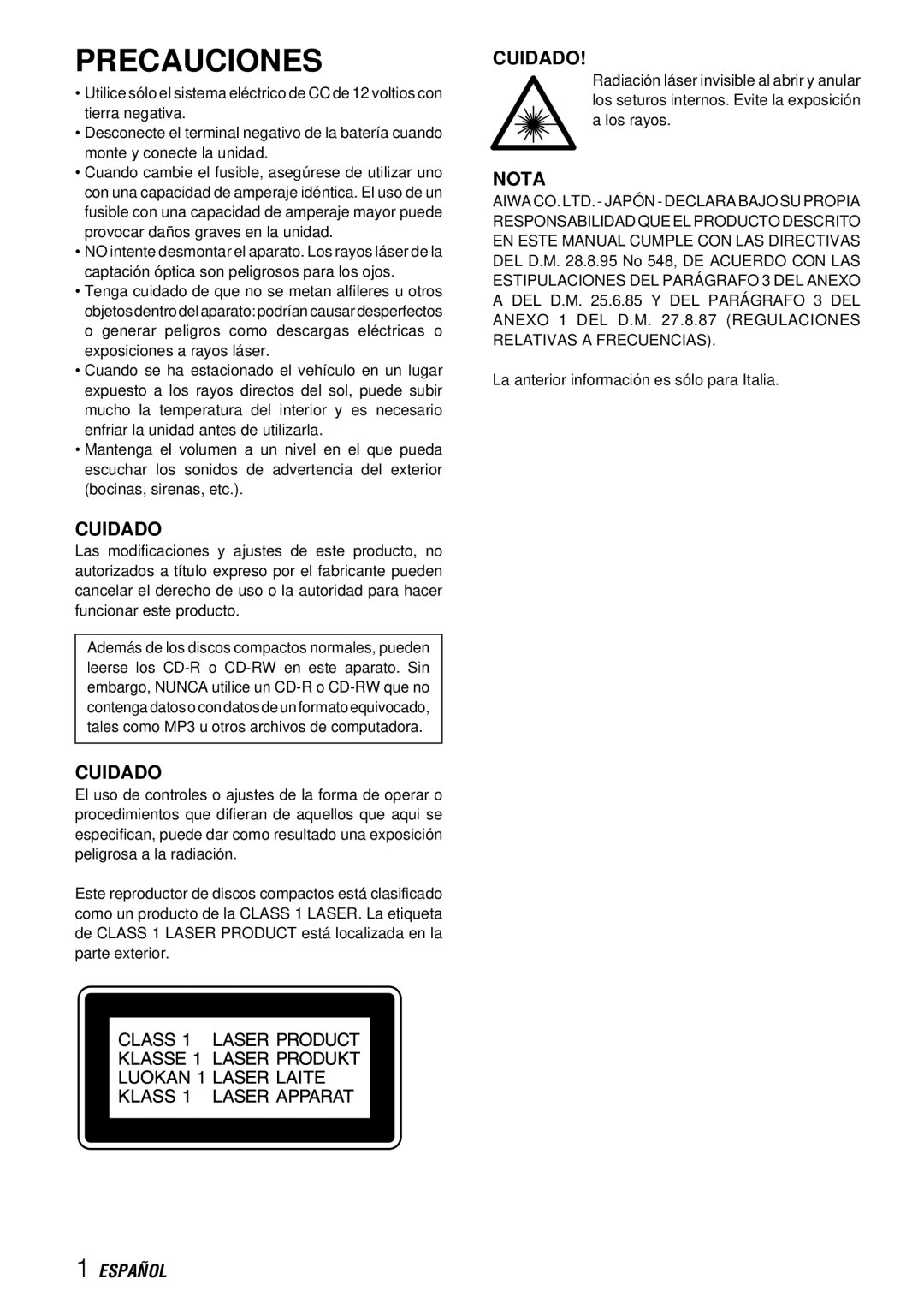 Aiwa CDC-X227 YZ operating instructions Precauciones, Cuidado, Nota 