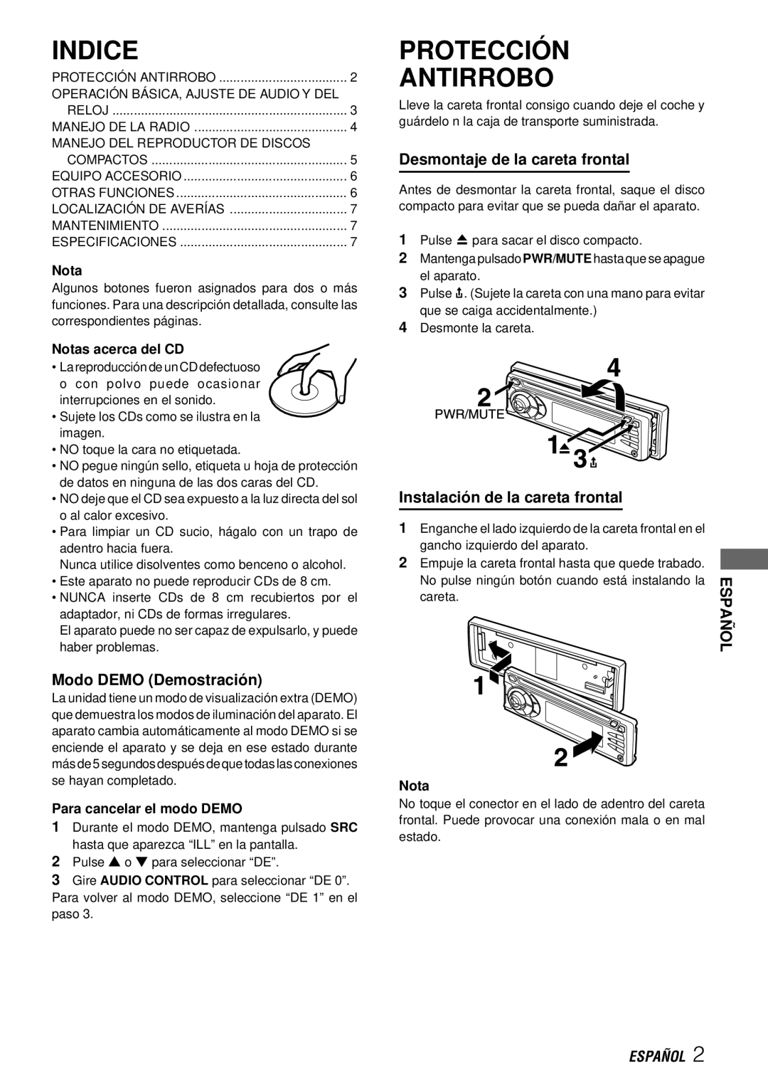 Aiwa CDC-X227 YZ Indice, Protección Antirrobo, Modo Demo Demostración, Desmontaje de la careta frontal 