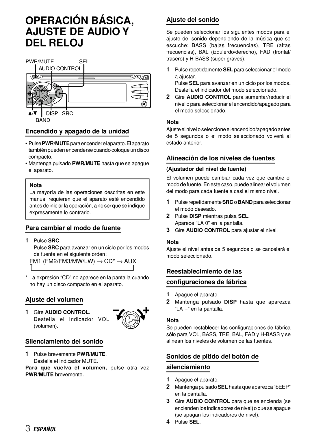 Aiwa CDC-X227 YZ operating instructions Operació N BÁ SICA, Ajuste DE Audio Y DEL Reloj 