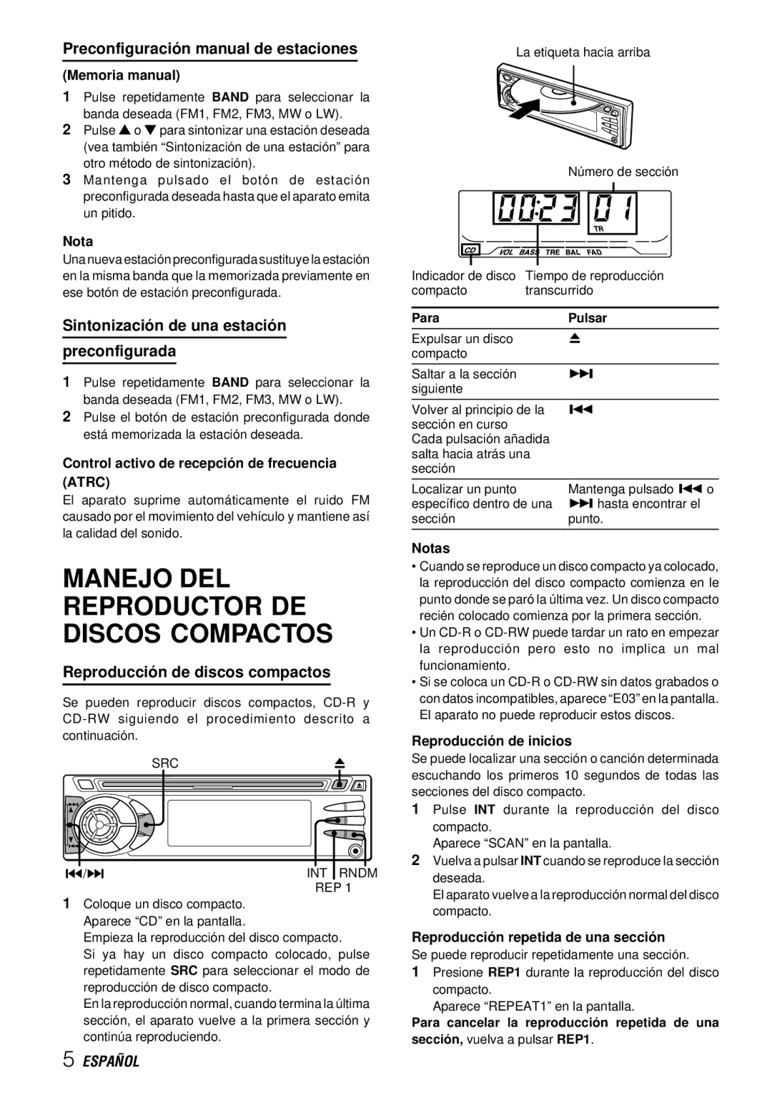 Aiwa CDC-X227 YZ Preconfiguració n manual de estaciones, Sintonizació n de una estació n Preconfigurada 