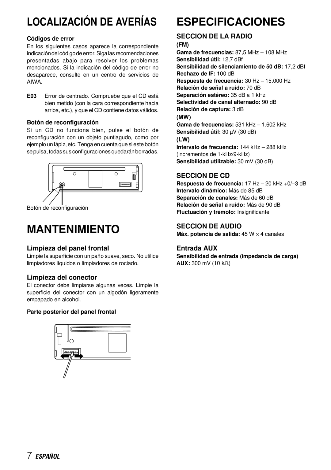 Aiwa CDC-X227 YZ Mantenimiento, Especificaciones, Seccion DE LA Radio, Seccion DE CD, Seccion DE Audio 