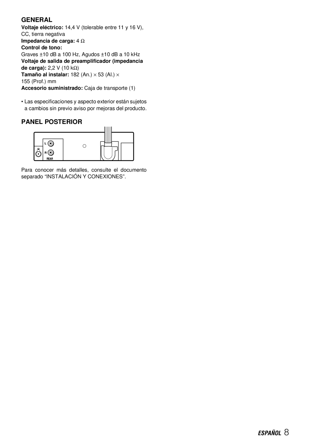 Aiwa CDC-X227 YZ operating instructions Panel Posterior, Impedancia de carga 4 Ω Control de tono 