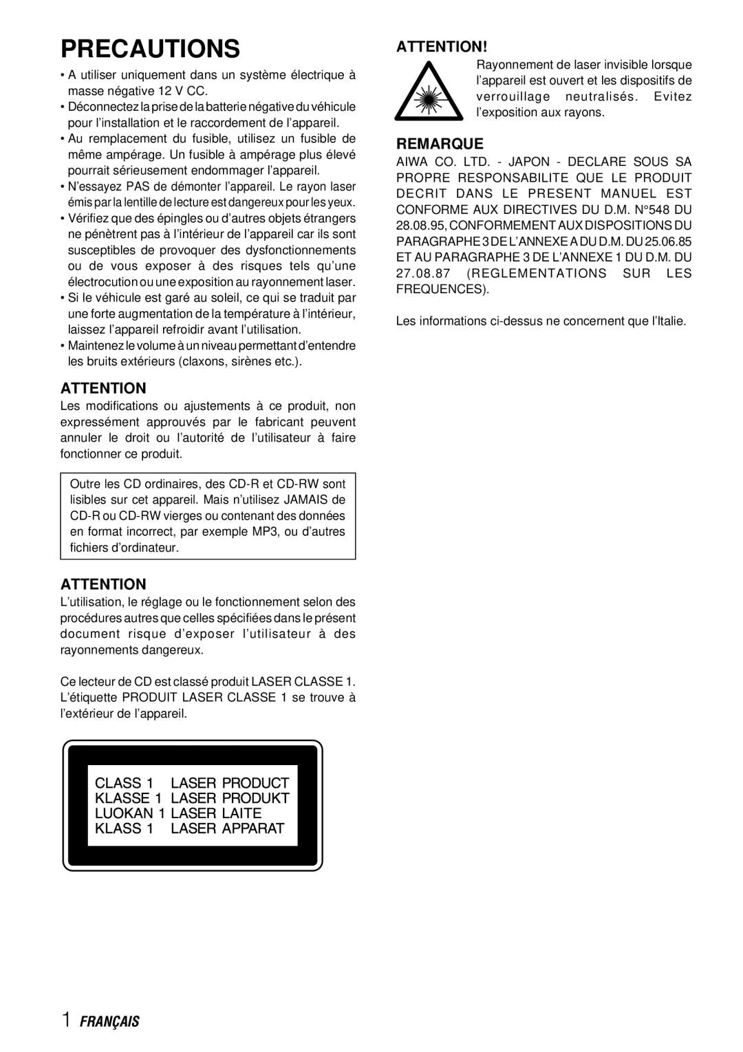 Aiwa CDC-X227 YZ operating instructions Precautions, Remarque 