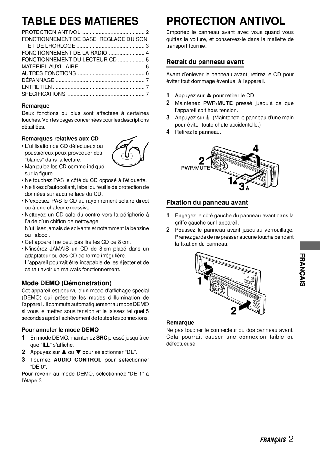 Aiwa CDC-X227 YZ operating instructions Table DES Matieres, Protection Antivol, Français 