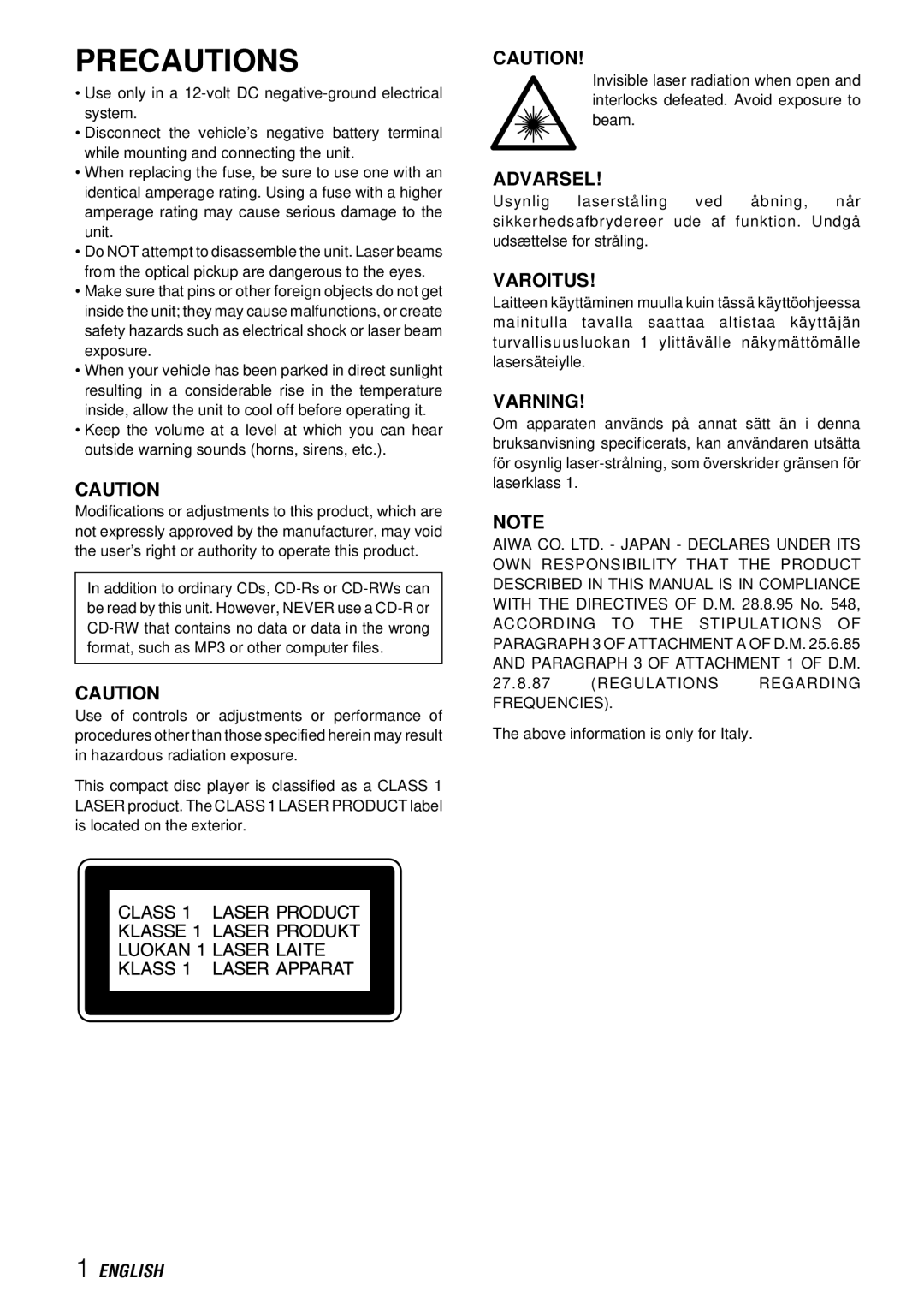 Aiwa CDC-X227 YZ operating instructions Precautions, Varoitus, Varning 