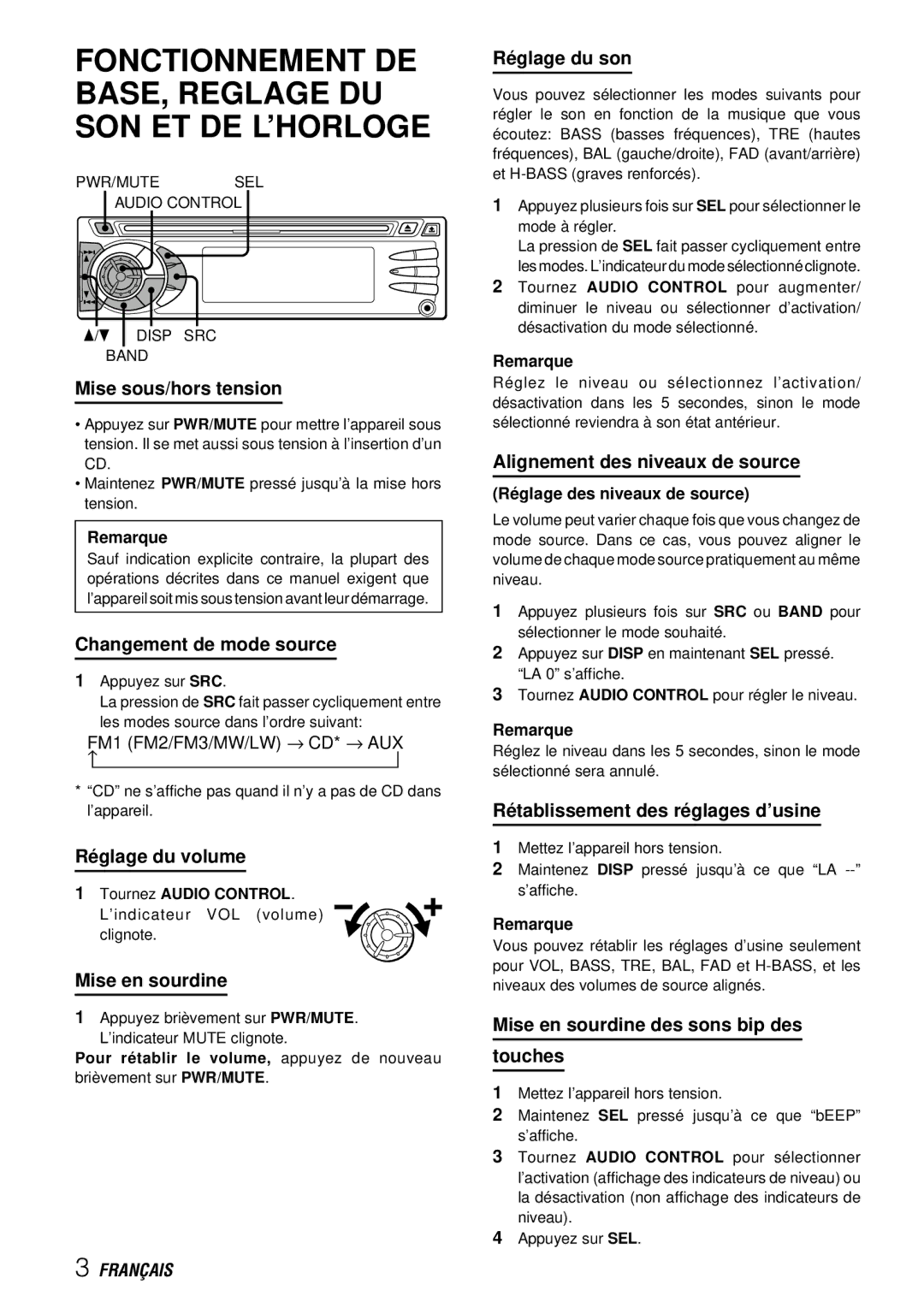 Aiwa CDC-X227 YZ Mise sous/hors tension, Changement de mode source, Ré glage du volume, Mise en sourdine, Ré glage du son 