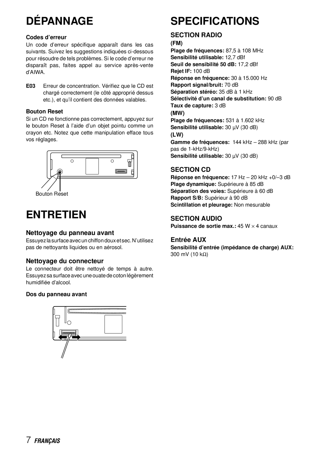 Aiwa CDC-X227 YZ operating instructions DÉ Pannage, Entretien, Section CD, Section Audio 