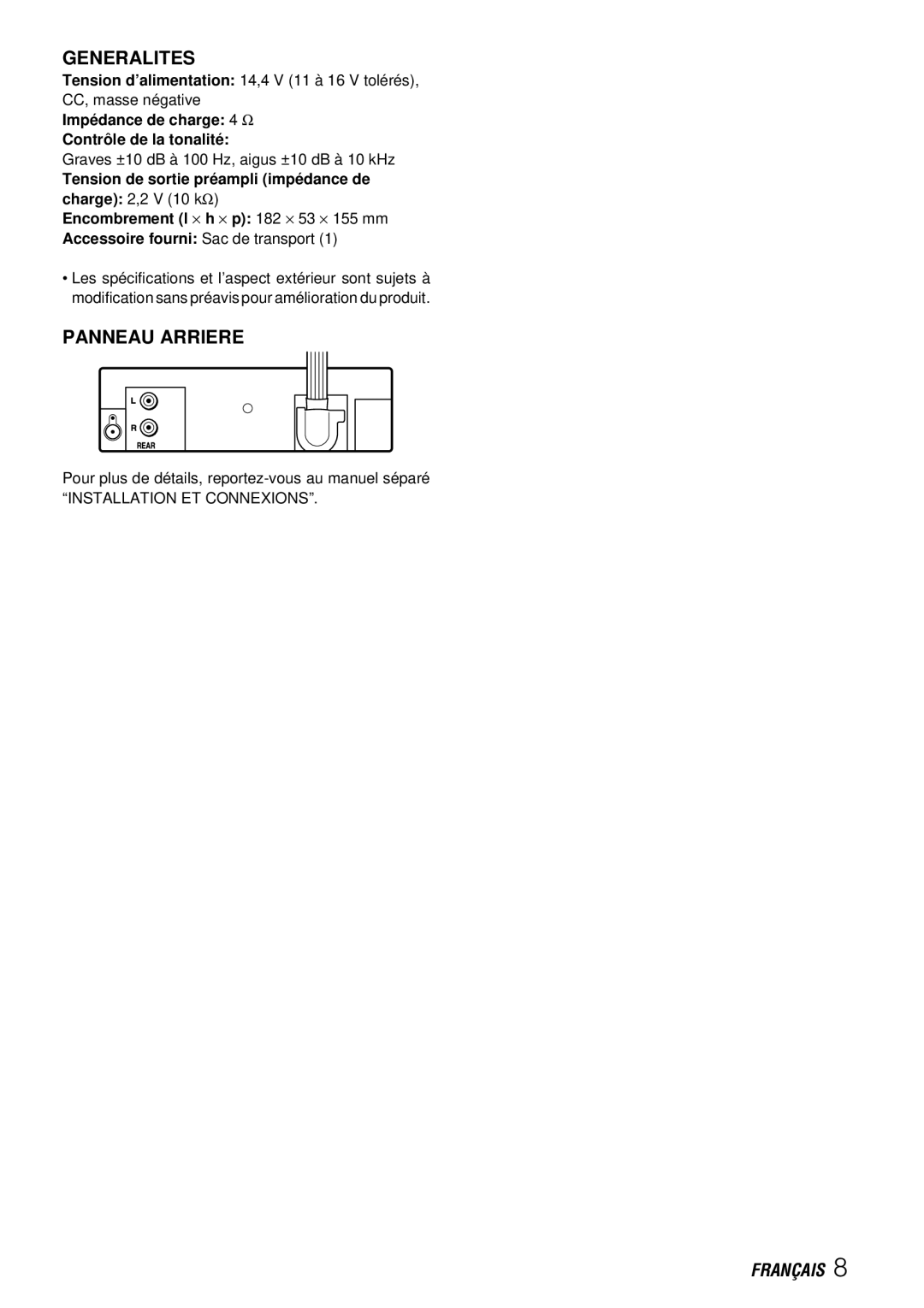 Aiwa CDC-X227 YZ operating instructions Generalites, Panneau Arriere, Impé dance de charge 4 Ω Contrô le de la tonalité 