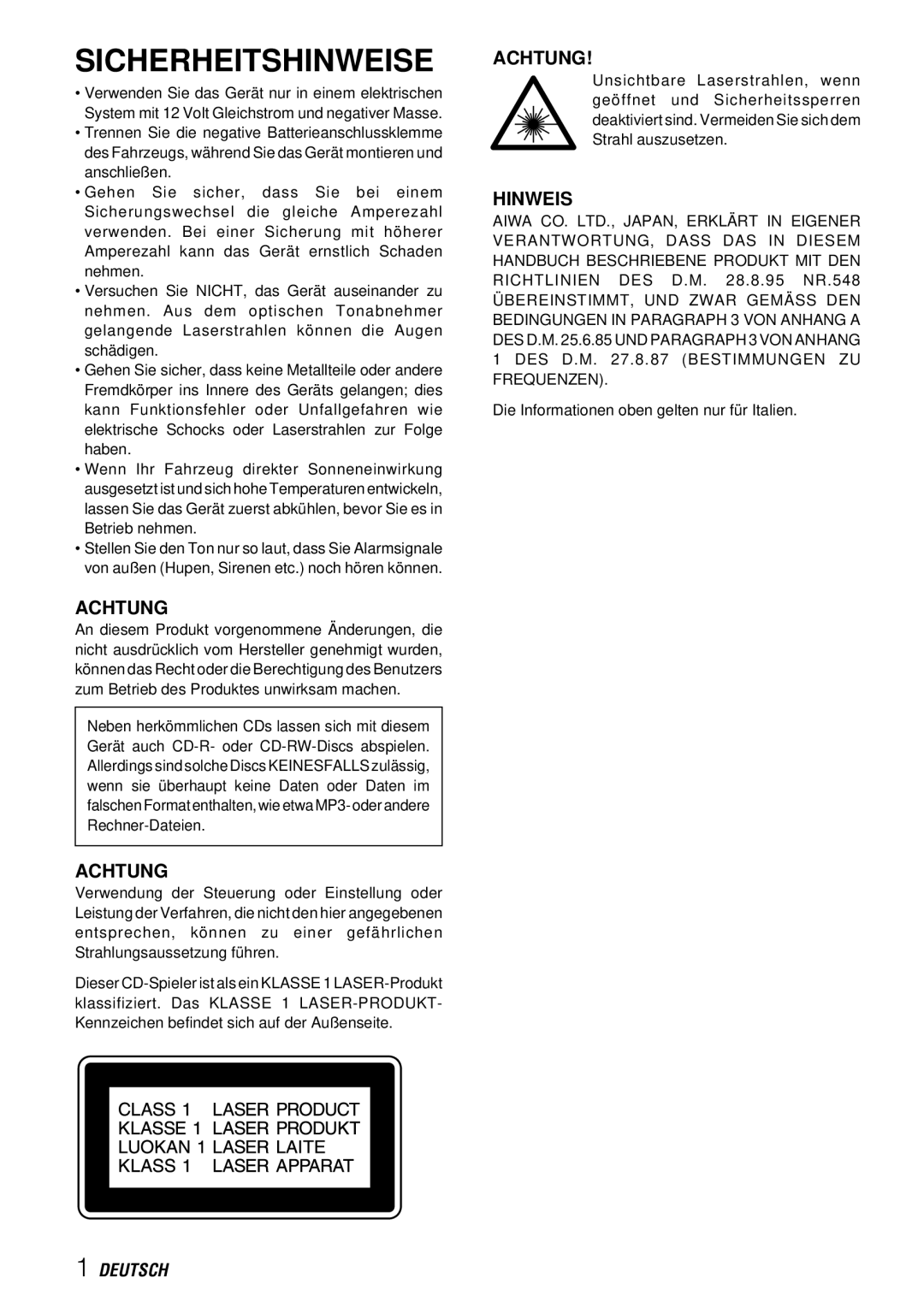 Aiwa CDC-X227 YZ operating instructions Sicherheitshinweise, Achtung, Hinweis 