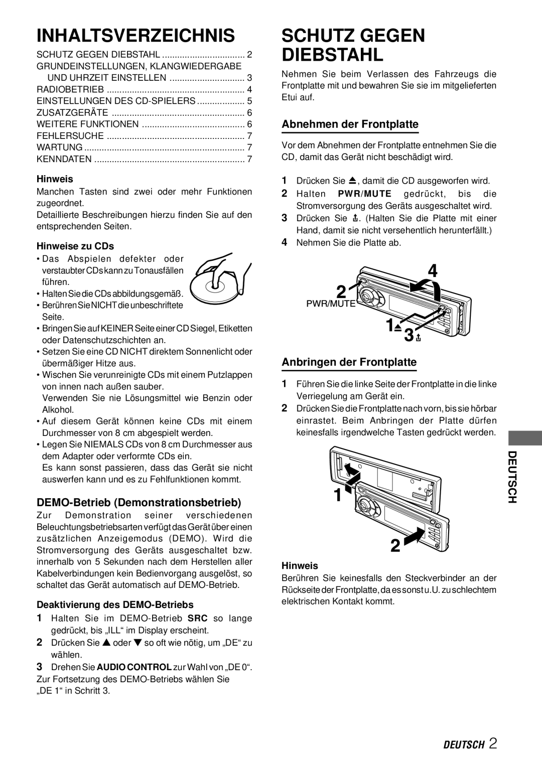 Aiwa CDC-X227 YZ operating instructions Inhaltsverzeichnis, Schutz Gegen Diebstahl, Deutsch 