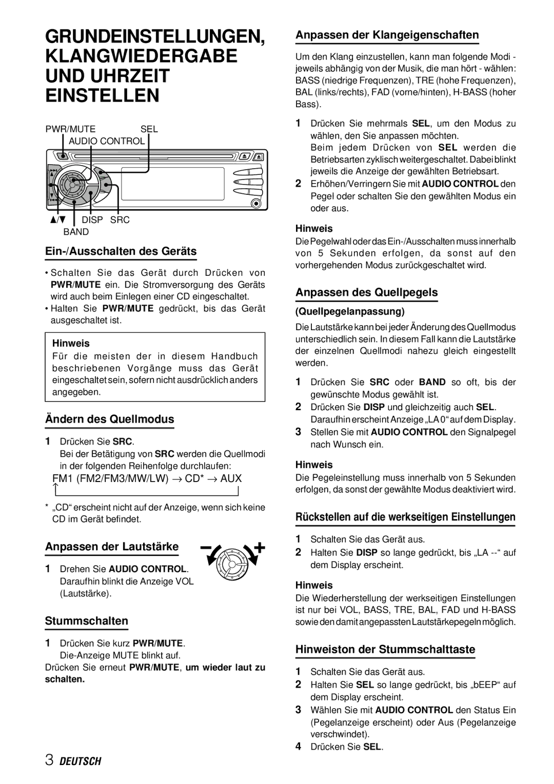 Aiwa CDC-X227 YZ Ein-/Ausschalten des Geräts, Ändern des Quellmodus, Anpassen der Lautstärke, Stummschalten 