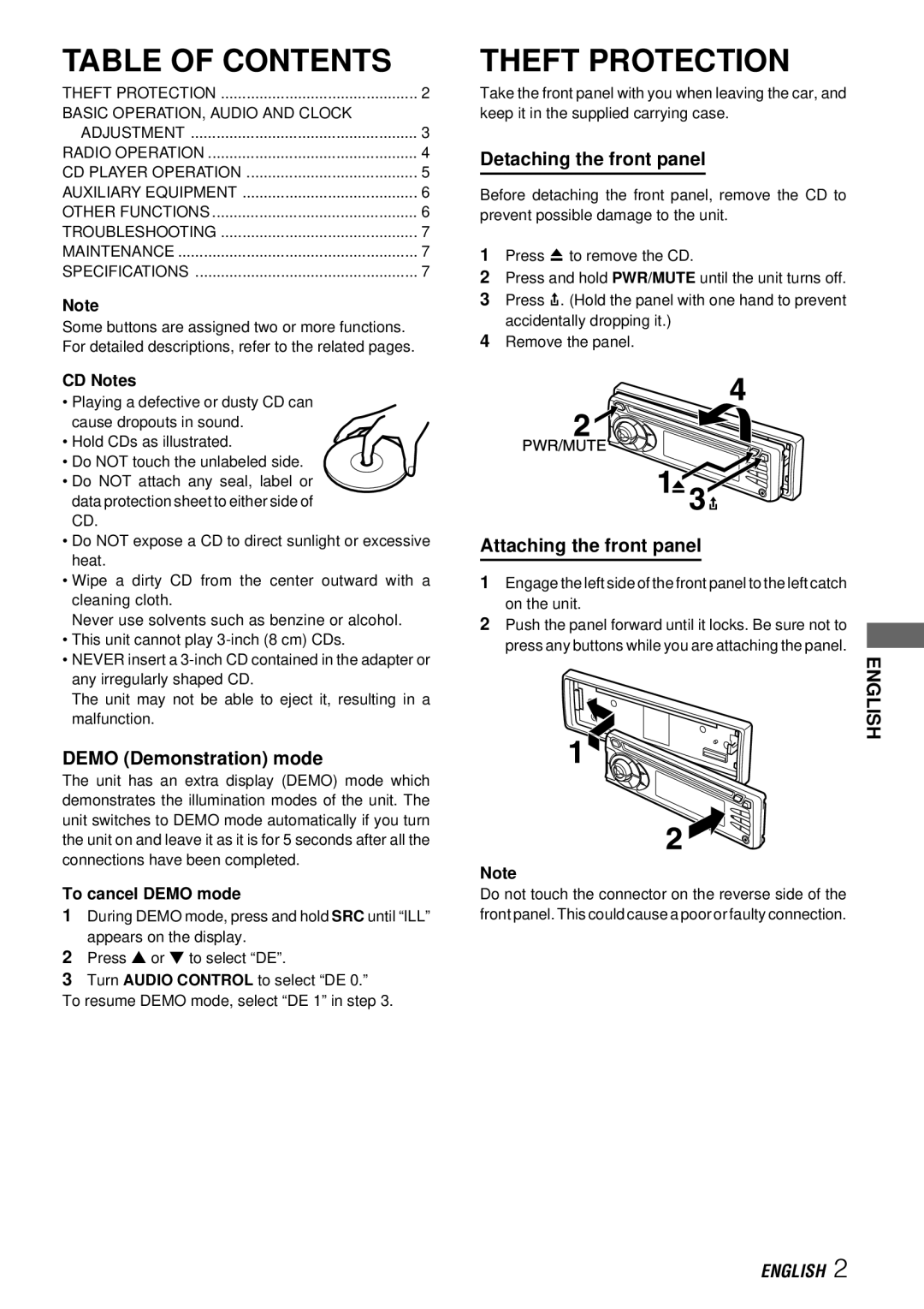 Aiwa CDC-X227 YZ operating instructions Table of Contents, Theft Protection 