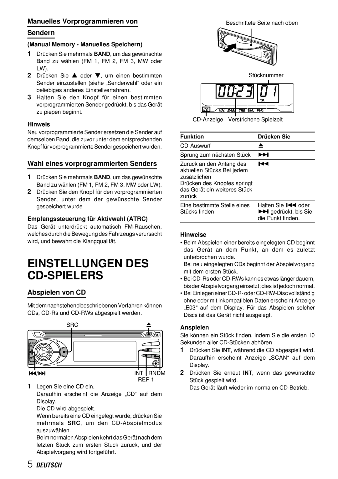 Aiwa CDC-X227 YZ Einstellungen DES CD-SPIELERS, Manuelles Vorprogrammieren von Sendern, Abspielen von CD 