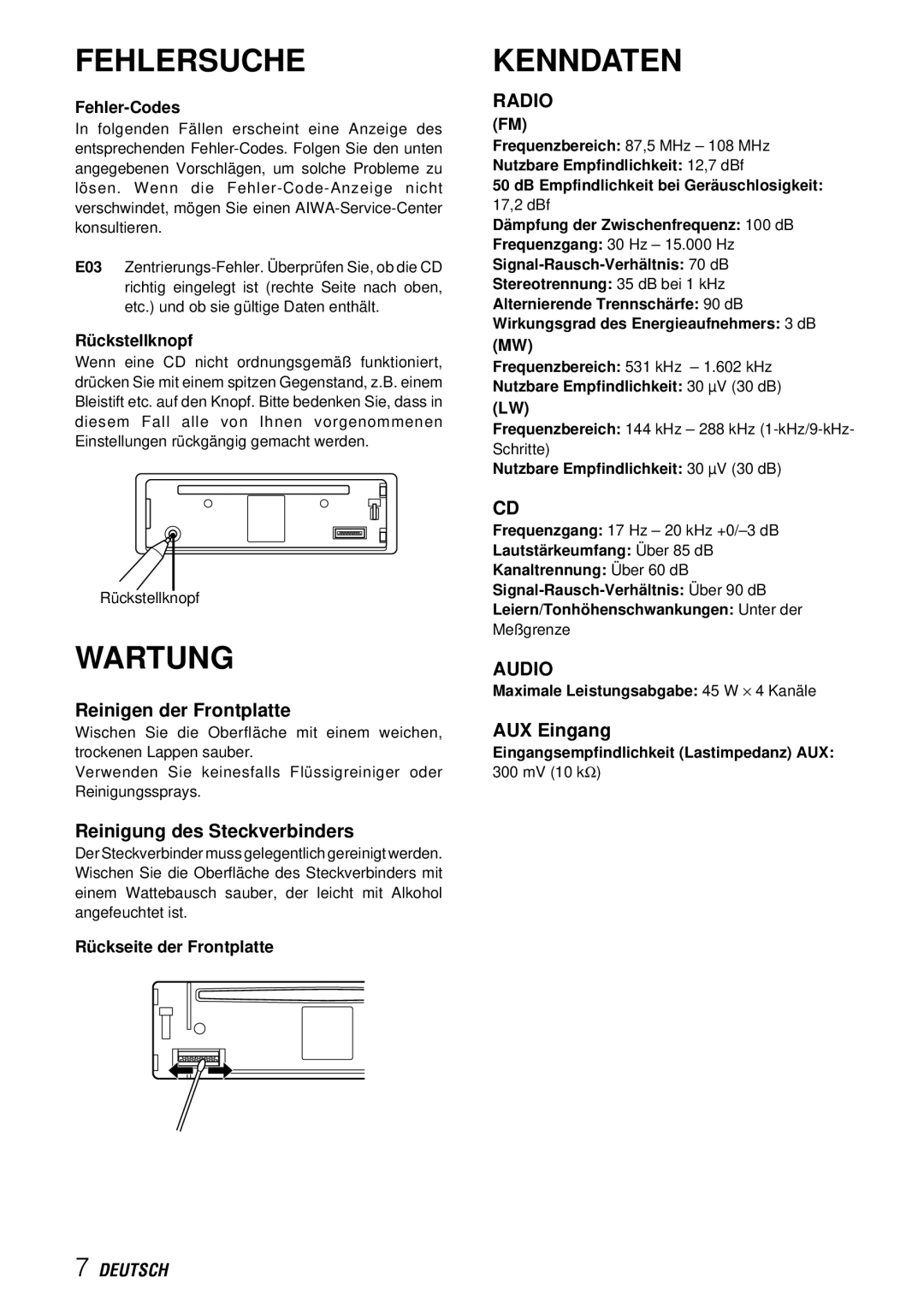 Aiwa CDC-X227 YZ operating instructions Fehlersuche, Wartung, Kenndaten, Radio, Audio 