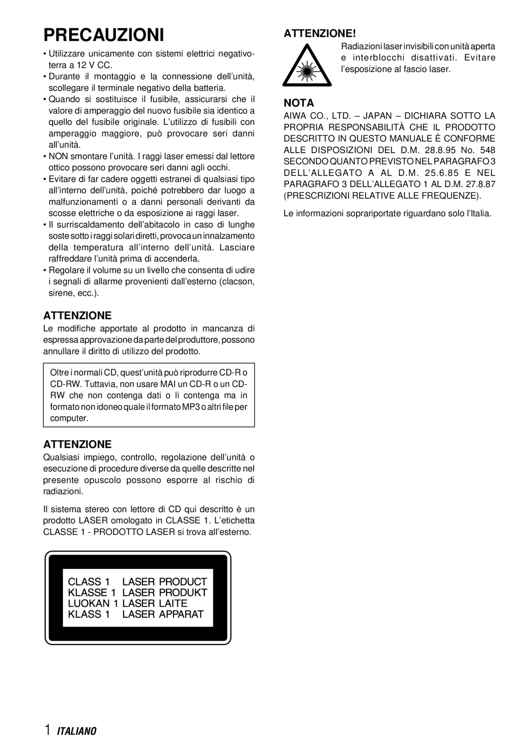 Aiwa CDC-X227 YZ operating instructions Precauzioni, Attenzione 