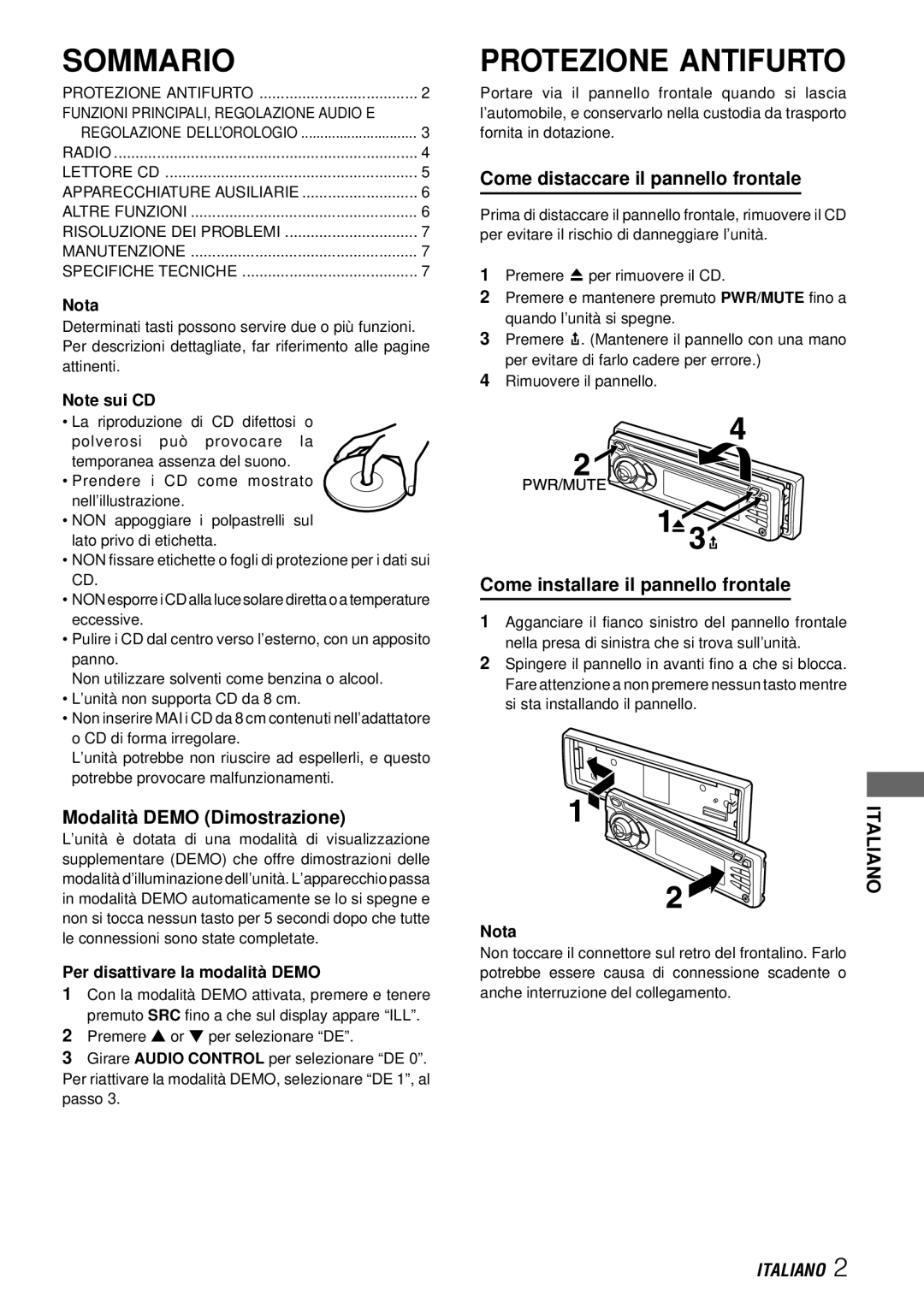 Aiwa CDC-X227 YZ operating instructions Sommario, Protezione Antifurto, Italiano 