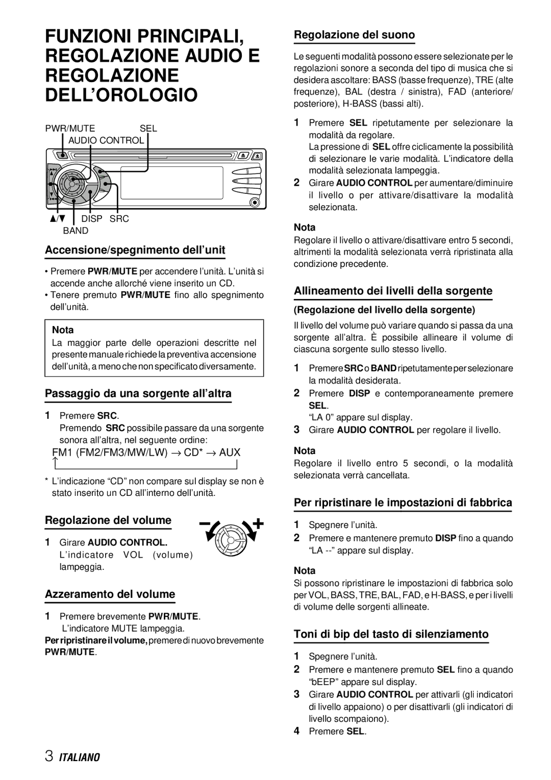 Aiwa CDC-X227 YZ Accensione/spegnimento dell’unit, Passaggio da una sorgente all’altra, Regolazione del volume 