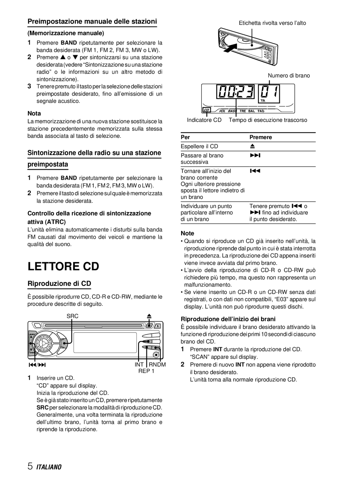 Aiwa CDC-X227 YZ operating instructions Lettore CD, Preimpostazione manuale delle stazioni, Riproduzione di CD 