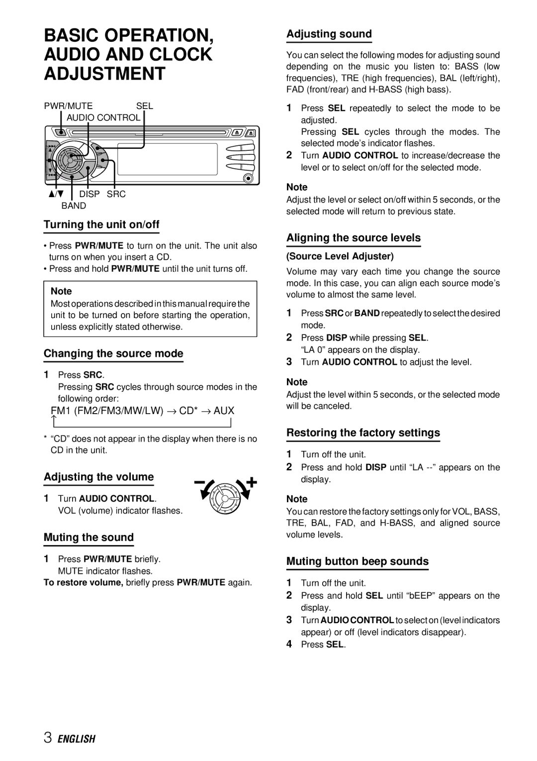 Aiwa CDC-X227 YZ operating instructions Basic OPERATION, Audio and Clock Adjustment 