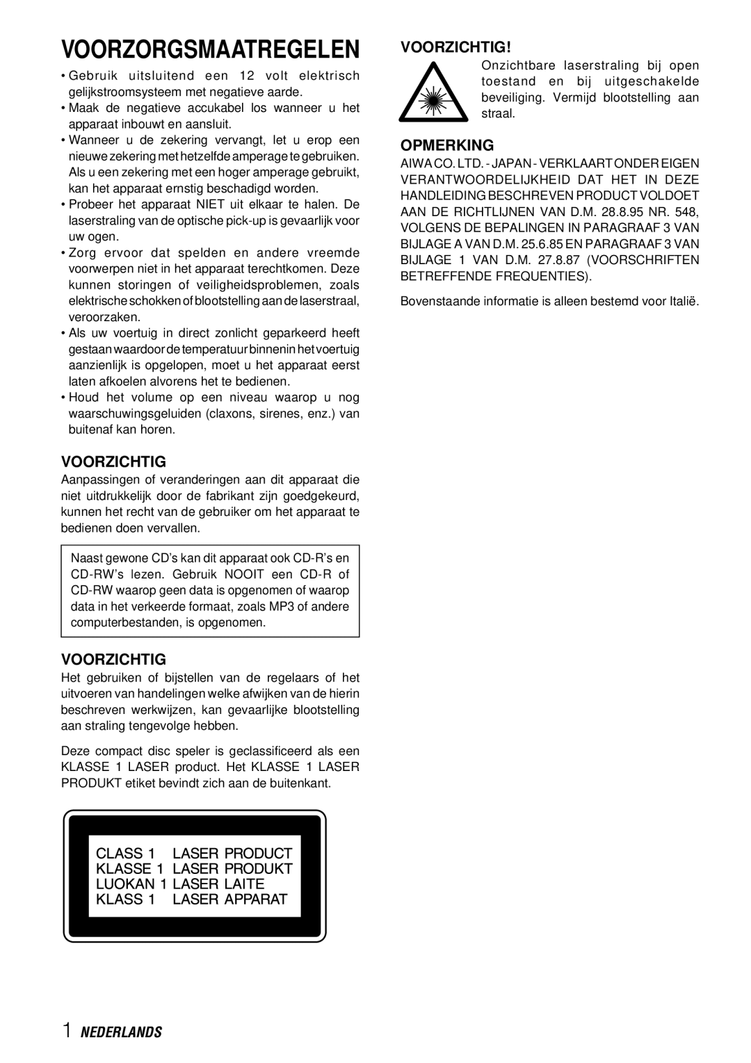 Aiwa CDC-X227 YZ operating instructions Voorzichtig, Opmerking 