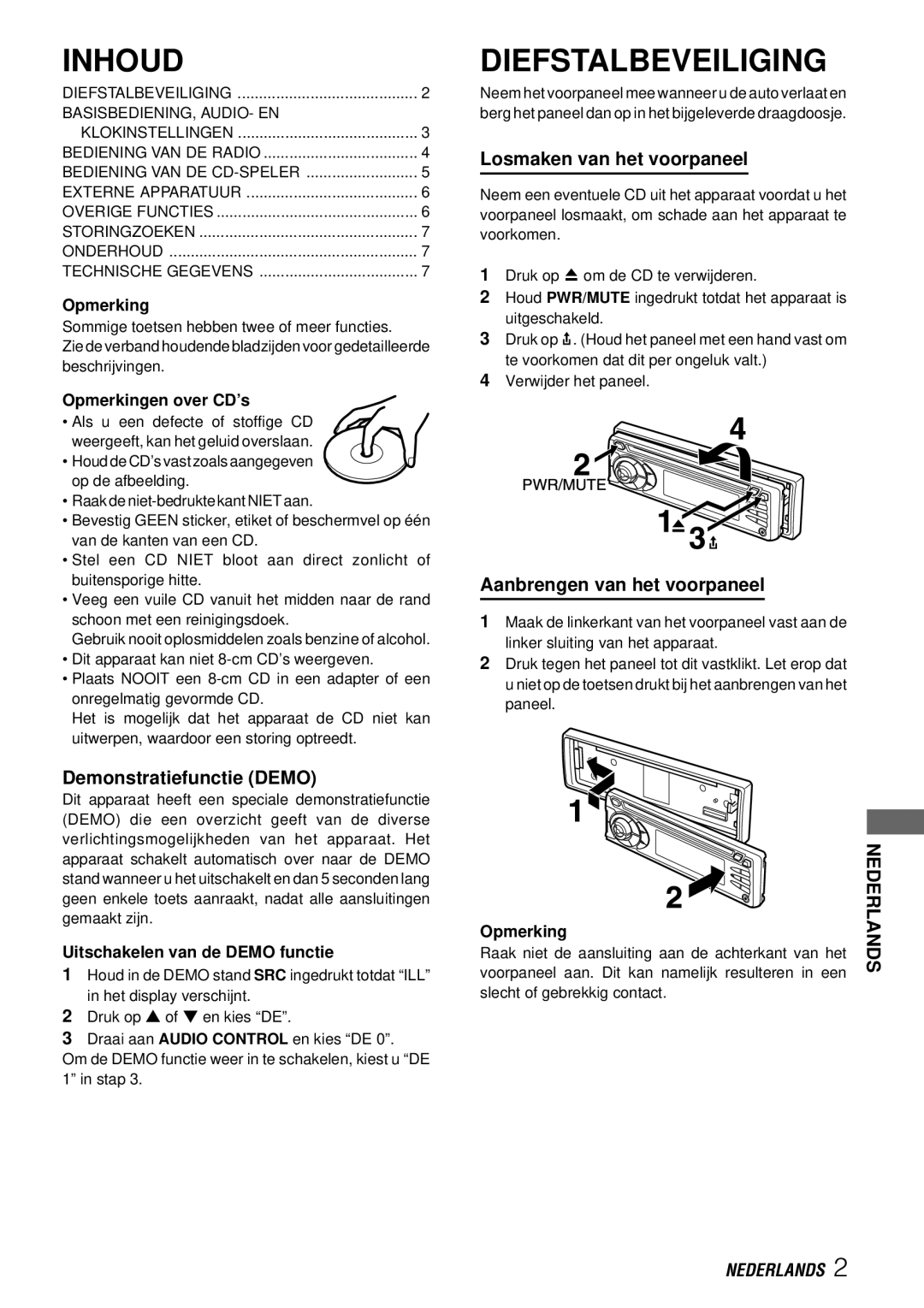 Aiwa CDC-X227 YZ operating instructions Inhoud, Diefstalbeveiliging, Demonstratiefunctie Demo, Losmaken van het voorpaneel 