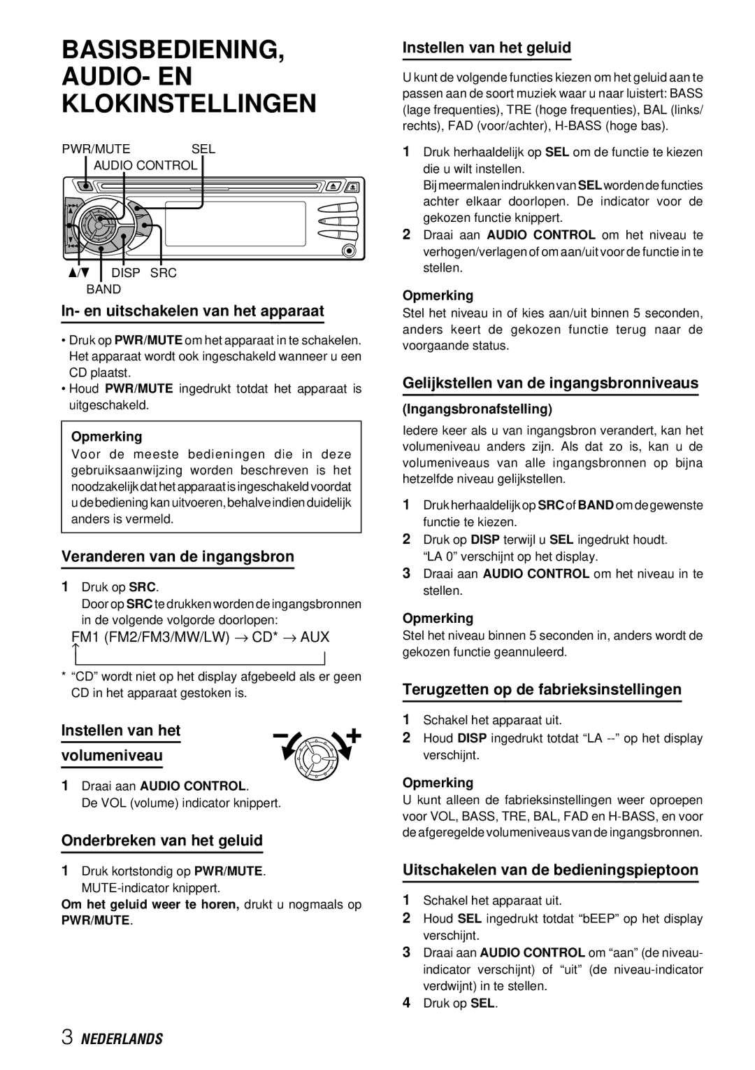 Aiwa CDC-X227 YZ operating instructions BASISBEDIENING, AUDIO- EN Klokinstellingen 