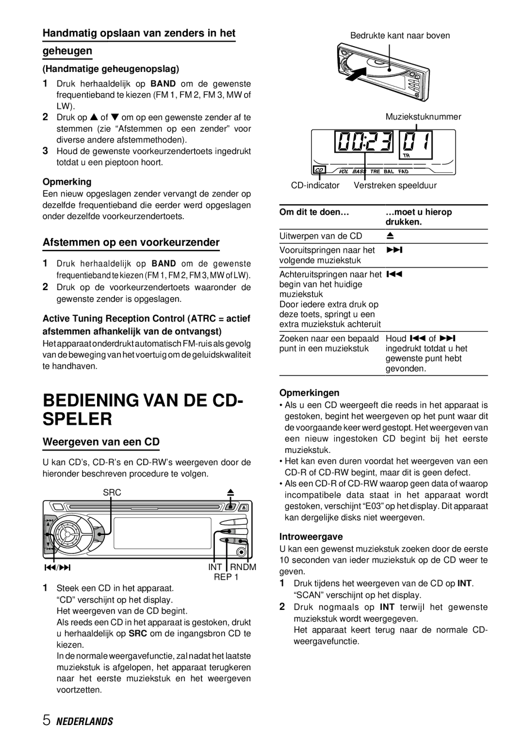 Aiwa CDC-X227 YZ Bediening VAN DE CD- Speler, Handmatig opslaan van zenders in het Geheugen, Weergeven van een CD 