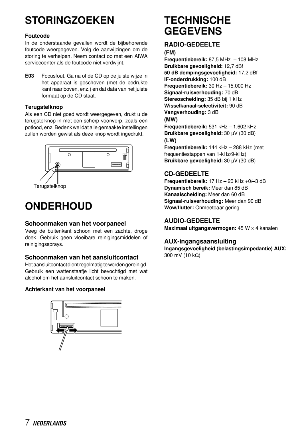 Aiwa CDC-X227 YZ operating instructions Storingzoeken, Onderhoud, Technische Gegevens 