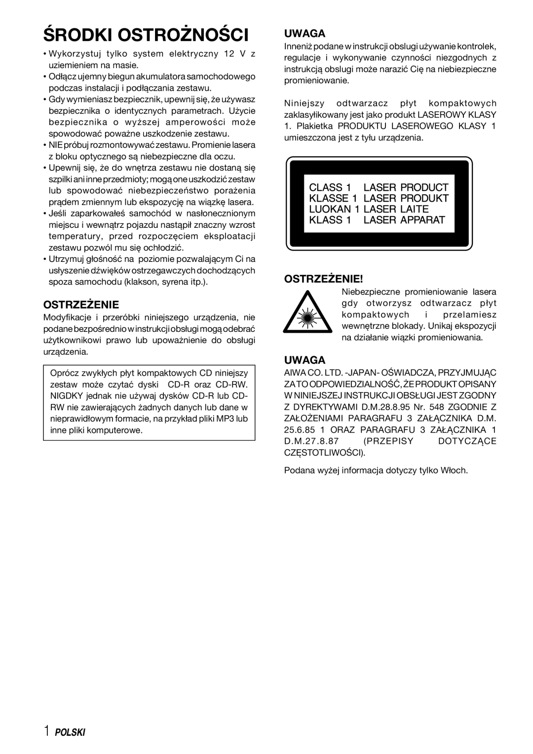 Aiwa CDC-X227 YZ operating instructions Środki Ostrożności, Ostrzeżenie, Uwaga 