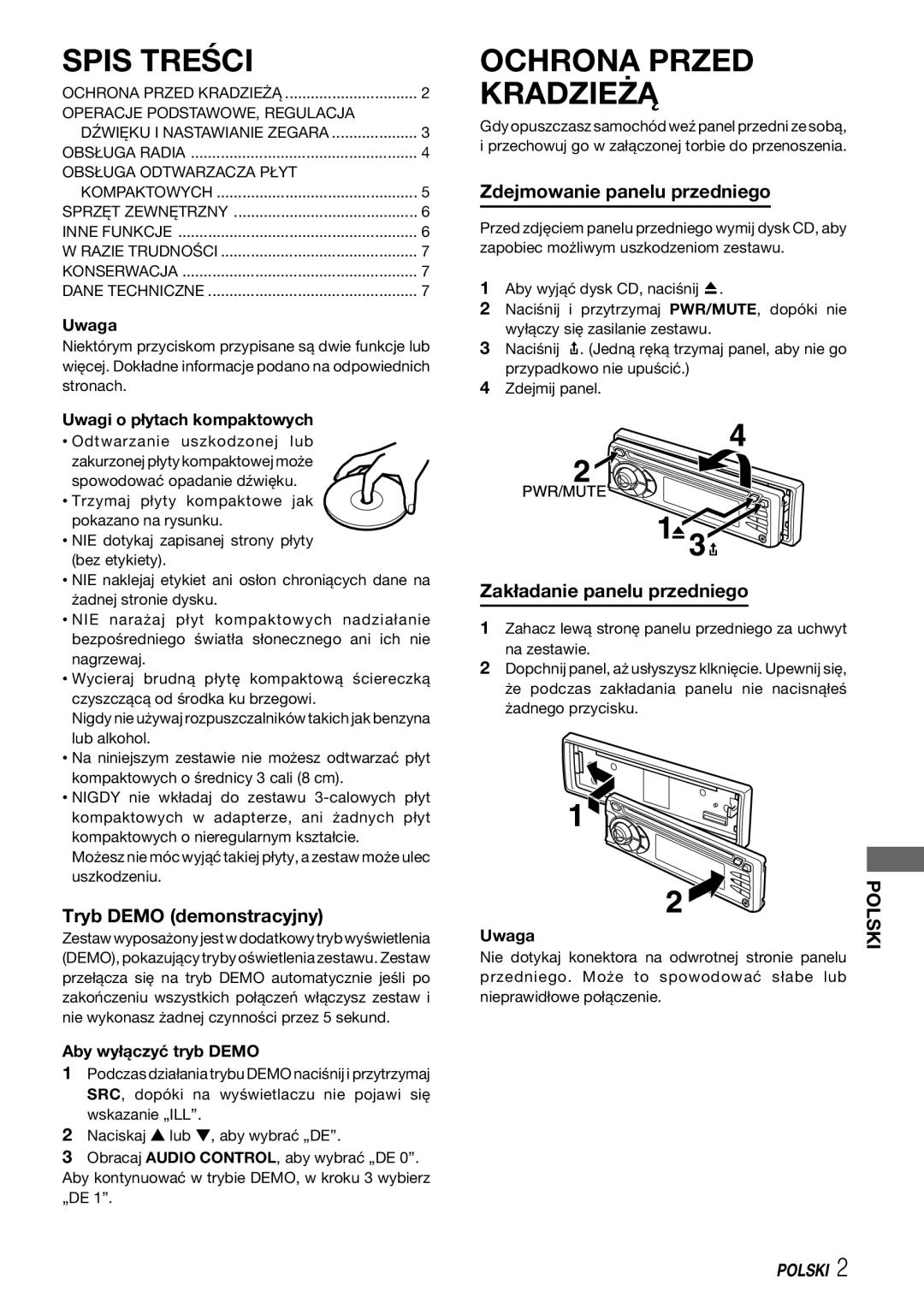 Aiwa CDC-X227 YZ Spis Treści, Ochrona Przed Kradzieżą, Tryb Demo demonstracyjny, Zdejmowanie panelu przedniego 