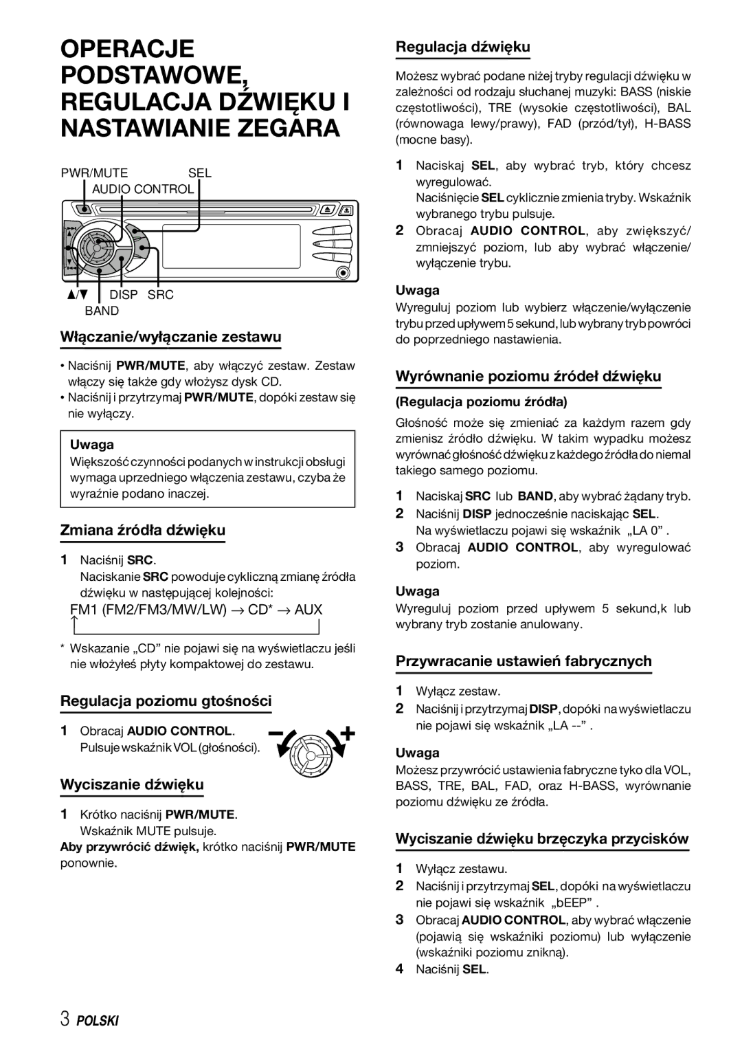 Aiwa CDC-X227 YZ operating instructions Operacje PODSTAWOWE, Regulacja Dźwięku I Nastawianie Zegara 