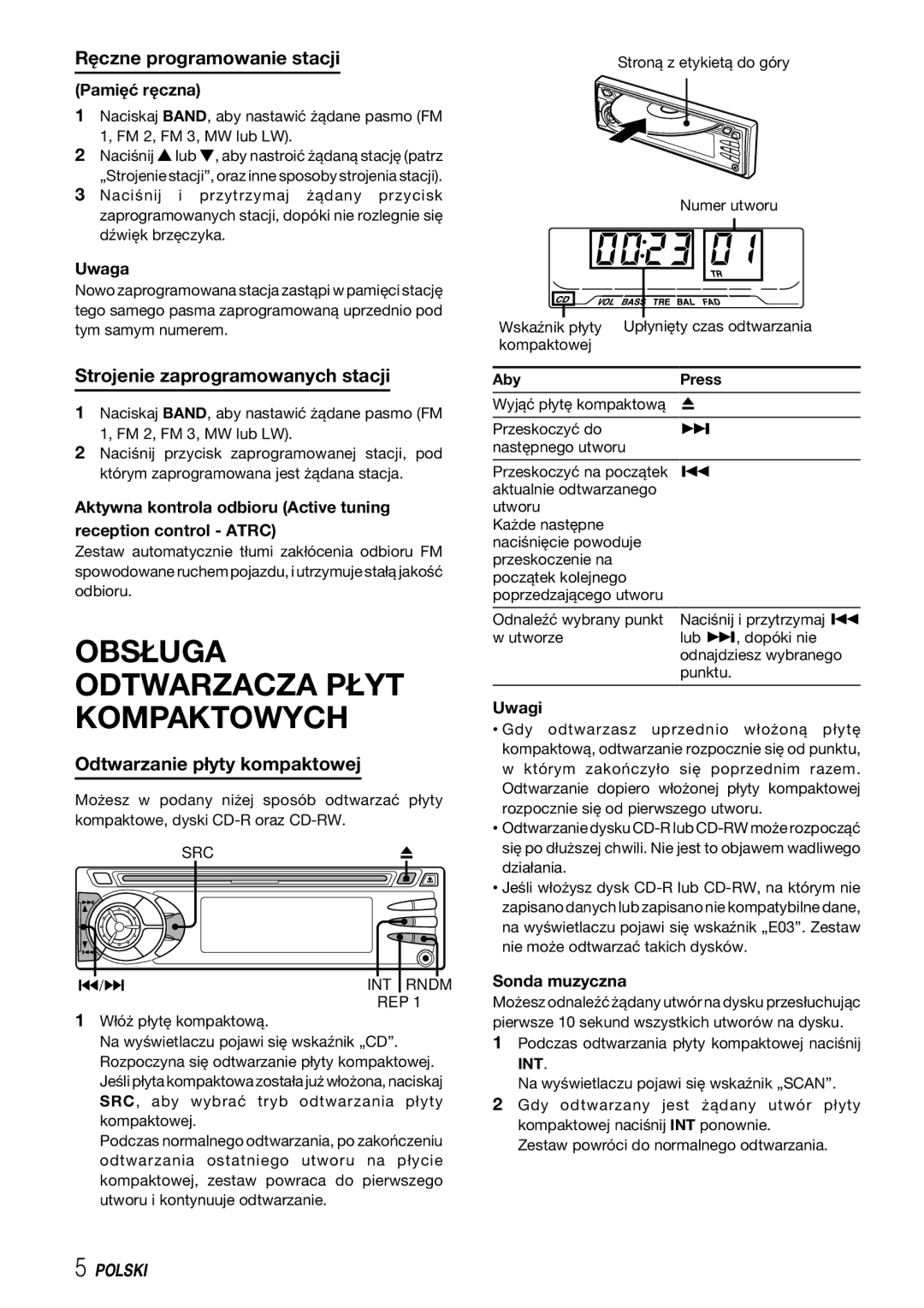 Aiwa CDC-X227 YZ Obsługa Odtwarzacza Płyt Kompaktowych, Ręczne programowanie stacji, Strojenie zaprogramowanych stacji 